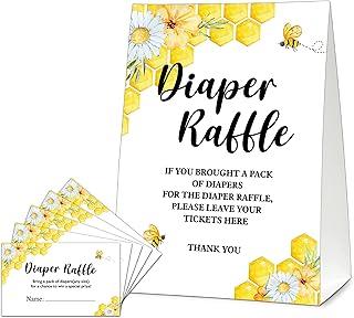 Honey Bee Diaper Raffle Tickets For Baby Shower, Diaper Raffle Baby Shower Games, Bee Theme Baby Shower Decorations, Diaper Raffle Cards - 1 Sign With 50 Tickets Cards - B11