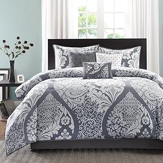 Madison Park All Season Lightweight Bedding, Shams, Bedskirt, Decorative Pillows, Cotton, Vienna, Damask Slate, King(104"x92")