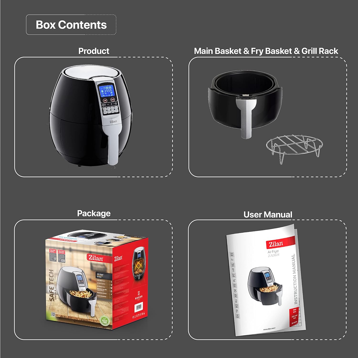 Zilan Friggitrice elettrica senza olio, capacità 3,5 l, friggitrice ad aria smart, salutare, friggitrice ad aria calda, senza BPA, schermo touch LED, scola-patatine, per la famiglia, timer predefiniti Zilan Friggitrice elettrica senza olio, capacità 3,5 l, friggitrice ad aria smart, salutare, friggitrice ad aria calda, senza BPA, schermo touch LED, scola-patatine, per la famiglia, timer predefiniti