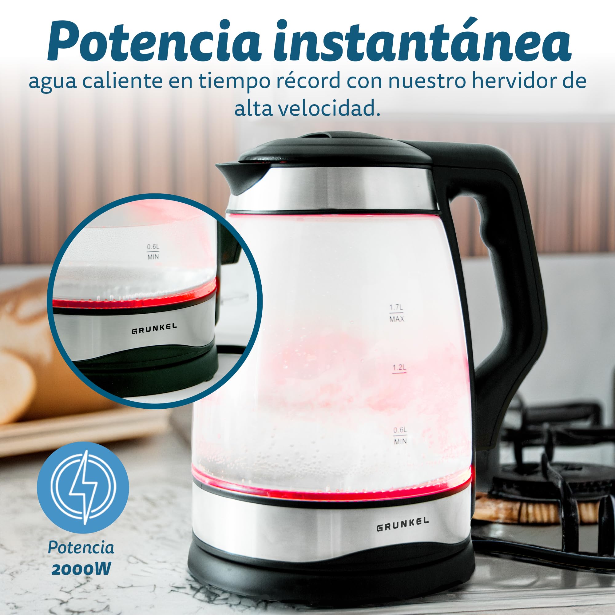 Grunkel - HV-16 CRISTAL - Hervidor Eléctrico de Agua, con Indicador de Acabado, con Potencia para Rápida Ebullición de Alta Velocidad, incluye un Filtro en boca. Libre de BPA - 1.7 Litros