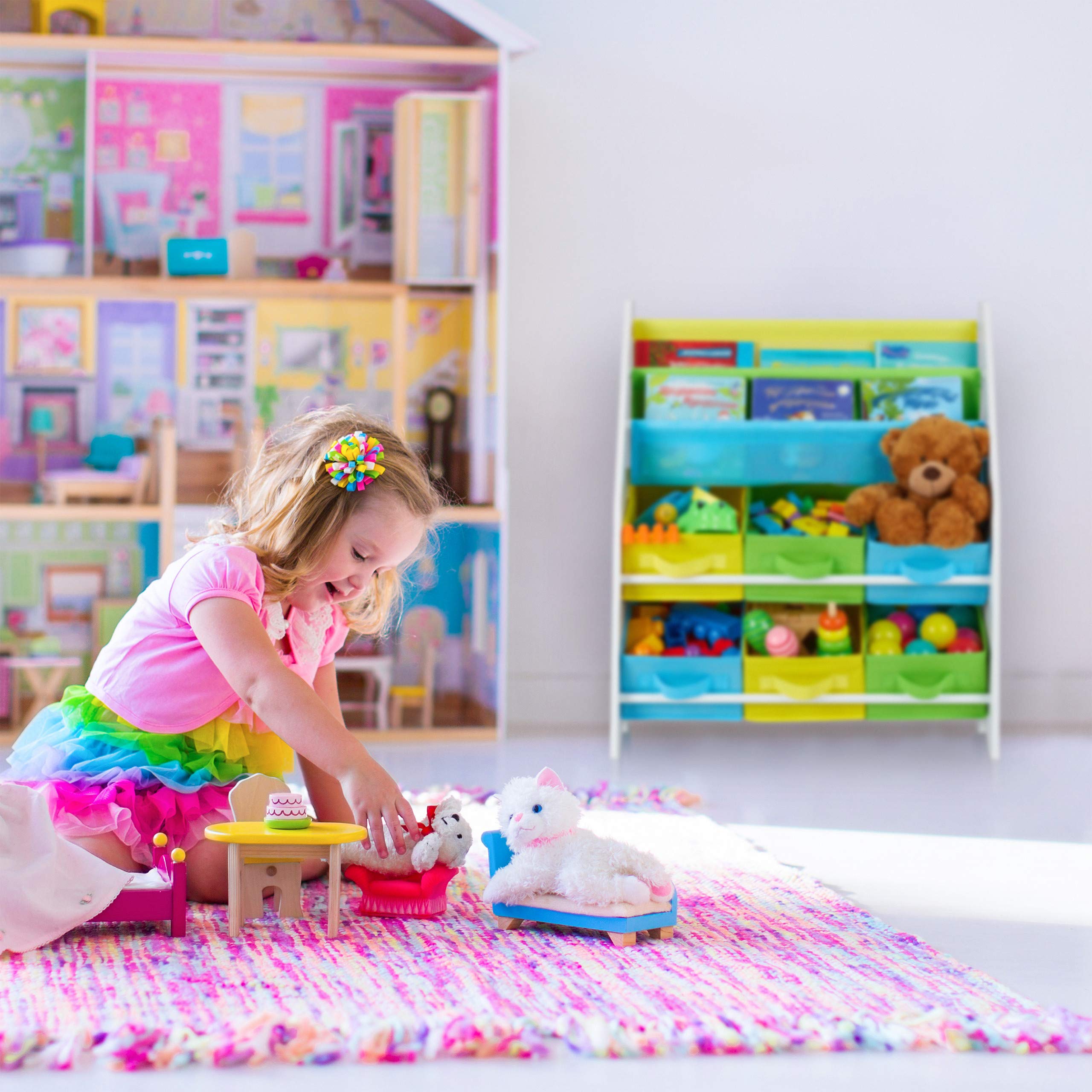 Relaxdays Estantería Infantil, 6 Cajas y 2 Baldas Tela, Mueble Juguetes, Librería Sirenas, 74 x 62 x 31,5 cm, Multicolor