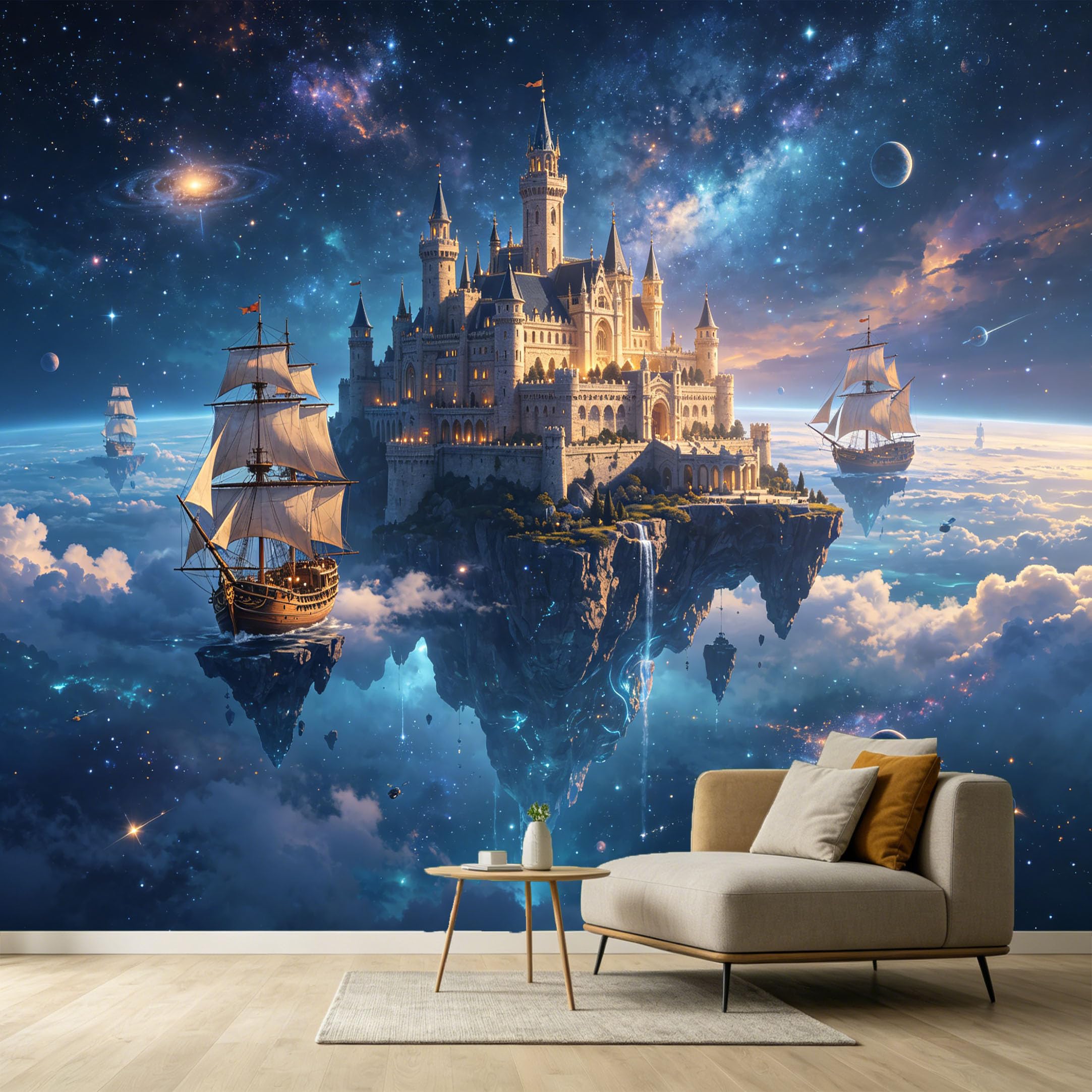 Custom Size Wall Murals Fantasy Space Castle Sailing Ship 3D Trompe L'Oeil Galaxy Stars SelfAdhesive Wall Fabric Removable Large Wallpaper for Photo Living Room
