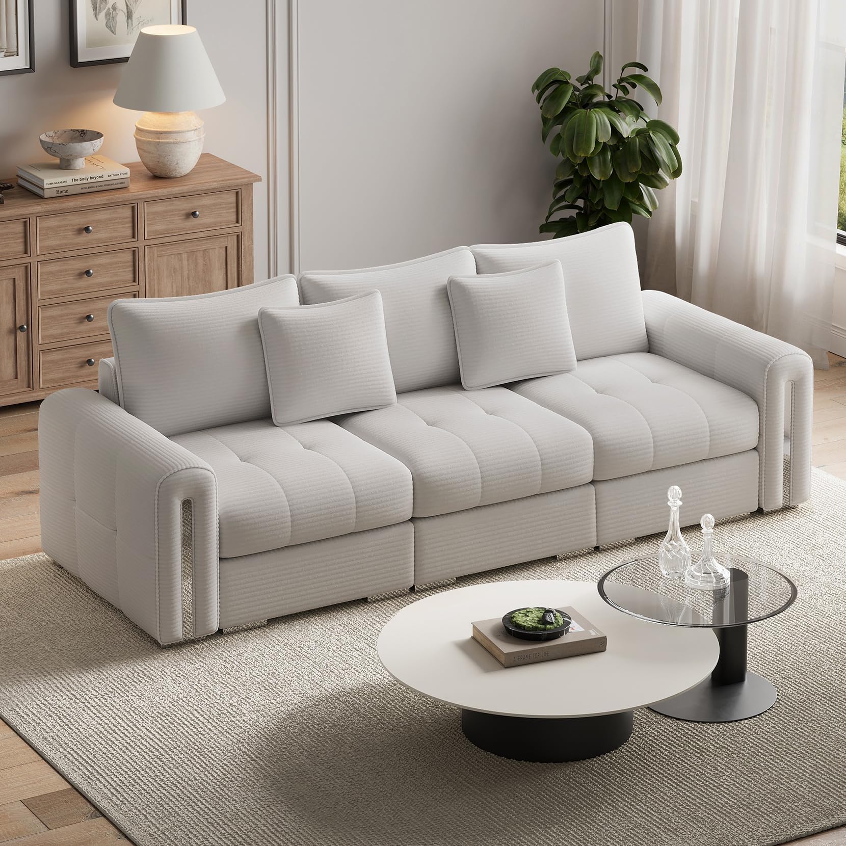 Vesgantti 3 Seater Sofas with Storage, Modular Sectional Sofa for Living Room in White Soft Corduroy, Small Couch for Bedroom, Home Office, Studio, 3 Seater