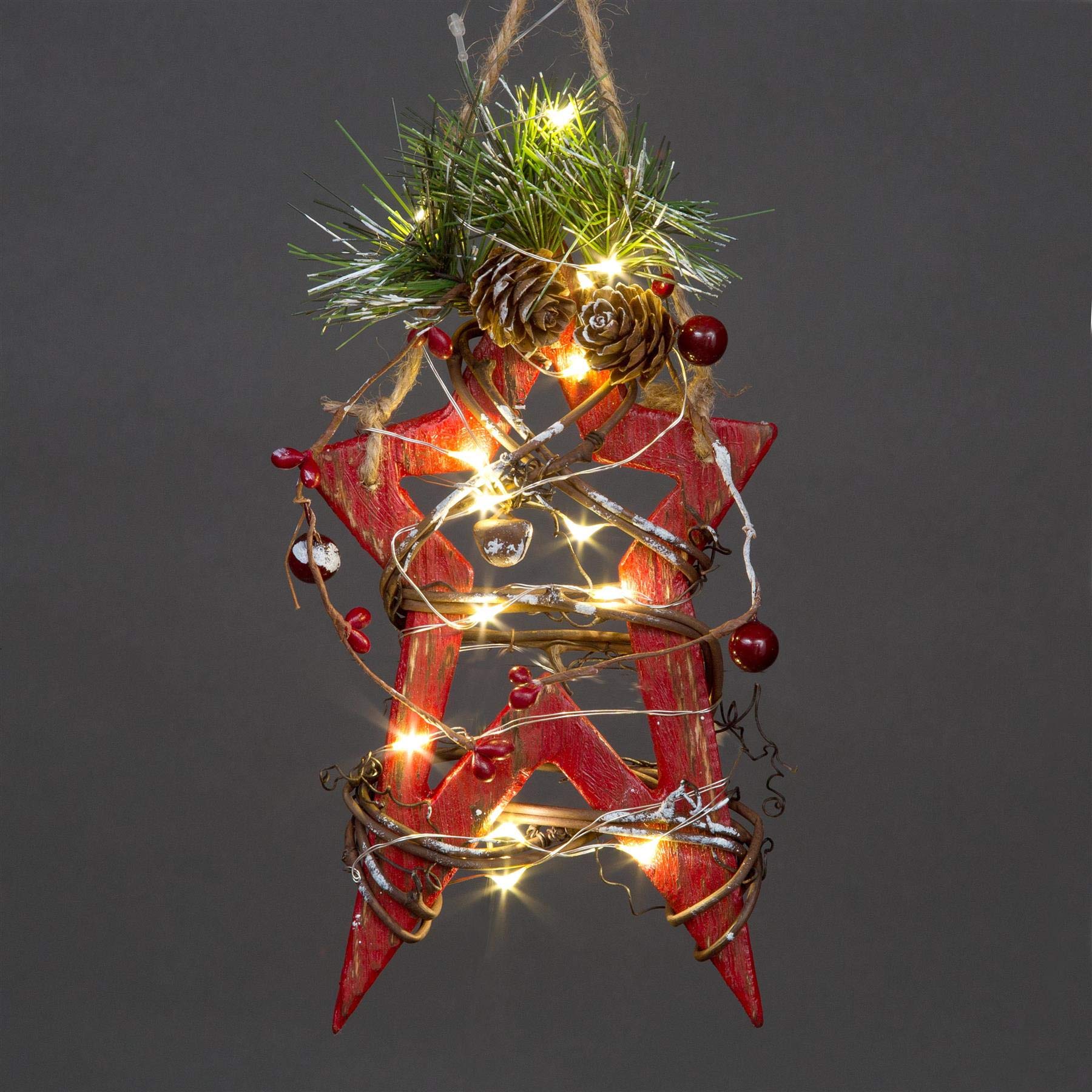 Shatchi Unisex Red 20Cm Wooden Led Star Hanging Ornament Christmas Holiday Home Décor With 15 Warm White Leds