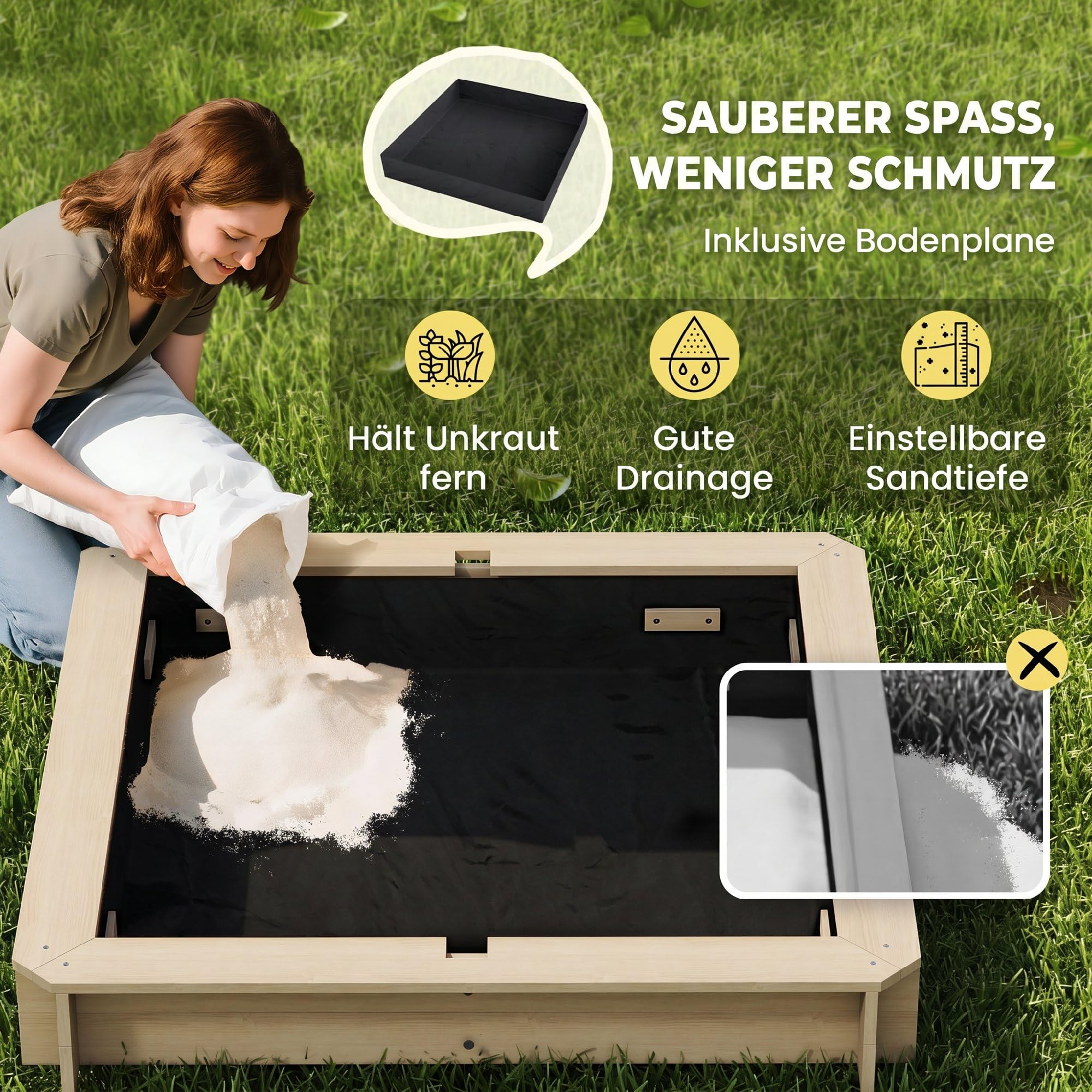 Outsunny Sandkasten Kinder 106x106 cm Höhenverstellbar Abdeckung Blau | Sandkiste Sandbox Aus Holz, Sitzbänken Mit Rücklehnen, für Outdoor Garten Terrasse Balkon