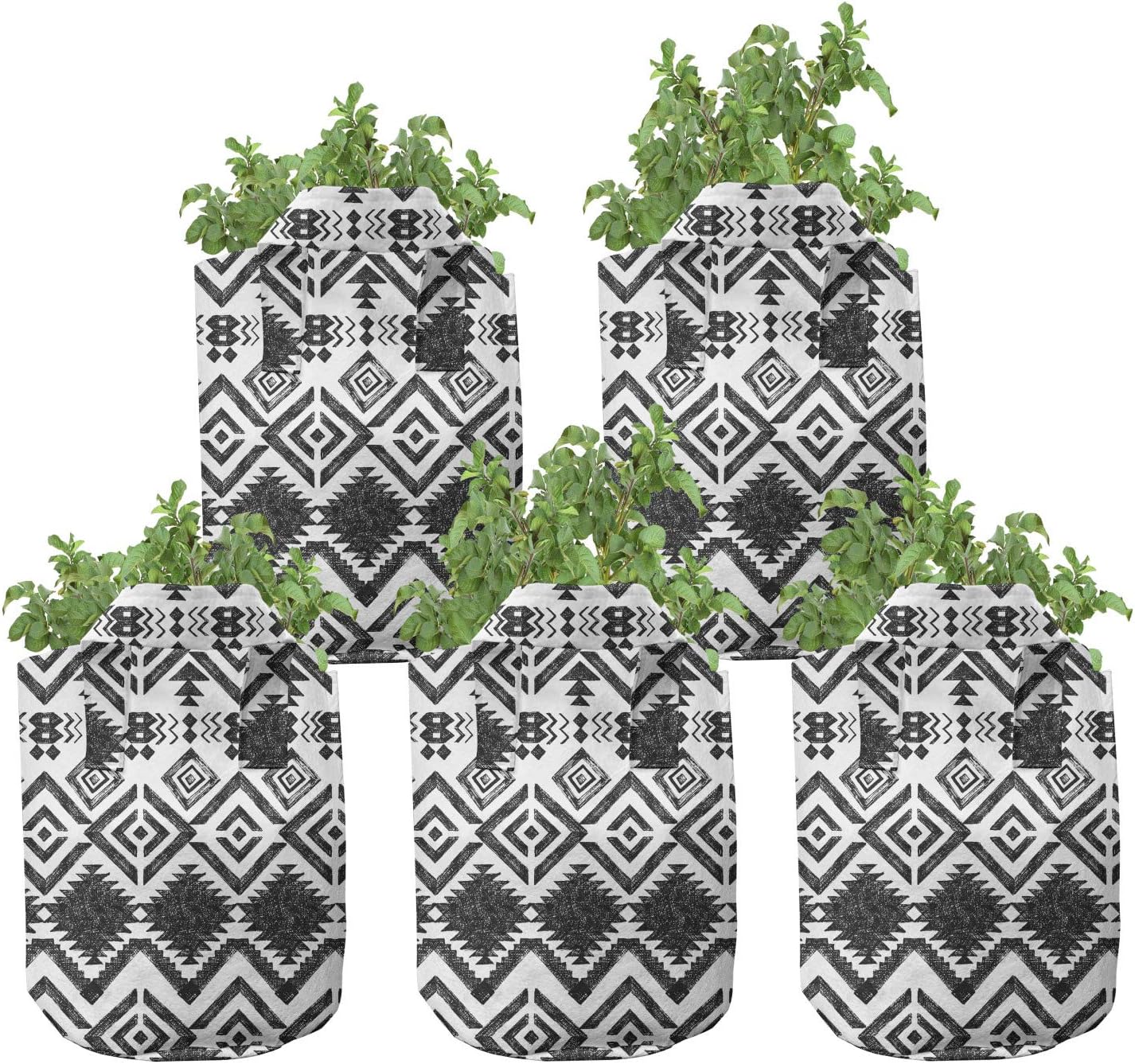 Lunarable Tribal Grow Bags 5-Pack, Geometric Aztec Ornament, Heavyduty Fabric Pots with Handles for Plants, 7 Gallon, Black and White