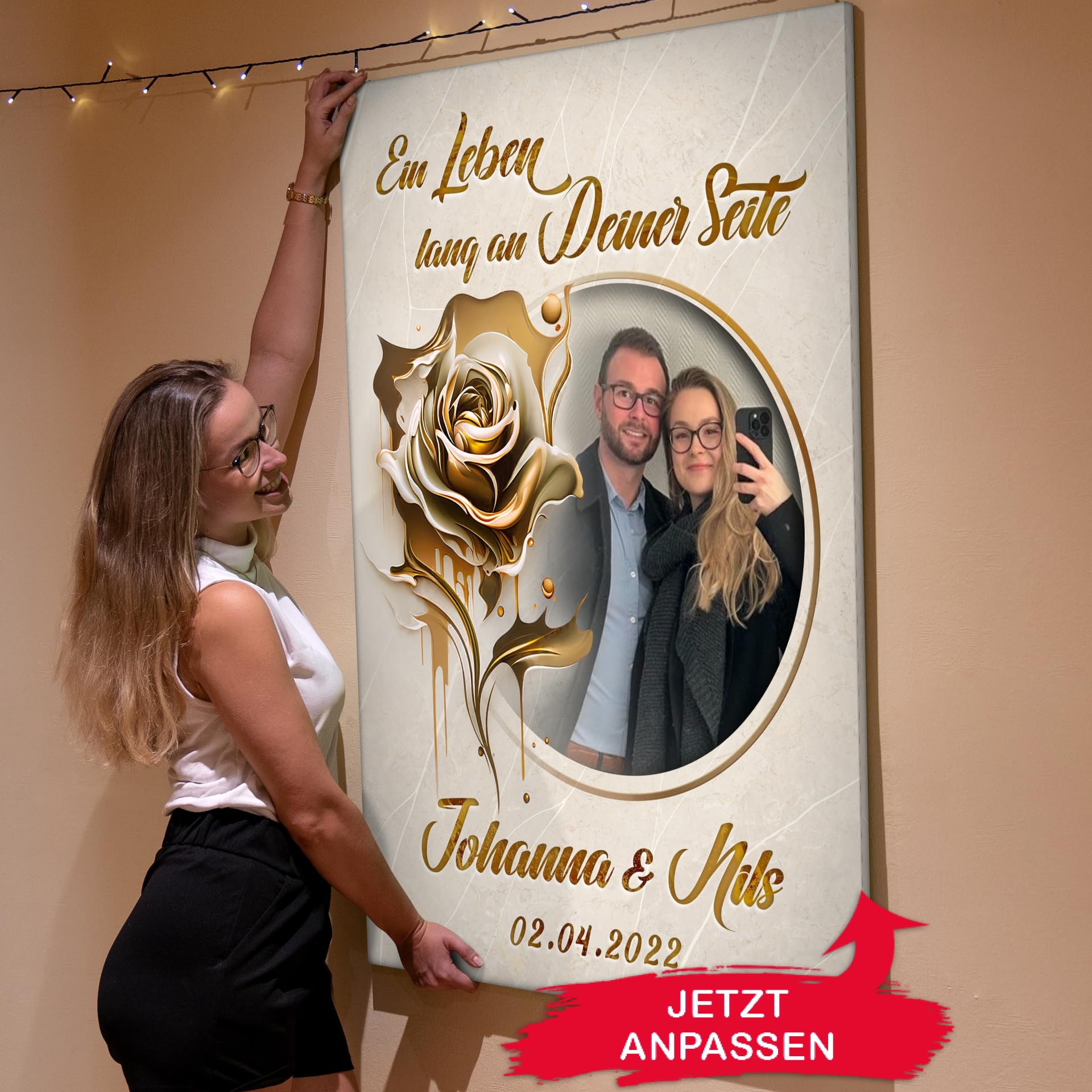 Liebesleinwand Personalisiertes Foto-Leinwandbild gestalten | Ewige Goldblüte | Geschenk zum Jahrestag, Hochzeitstag, Verlobung, Hochzeit | Leinwandbild gestalten mit Foto, Namen und Datum