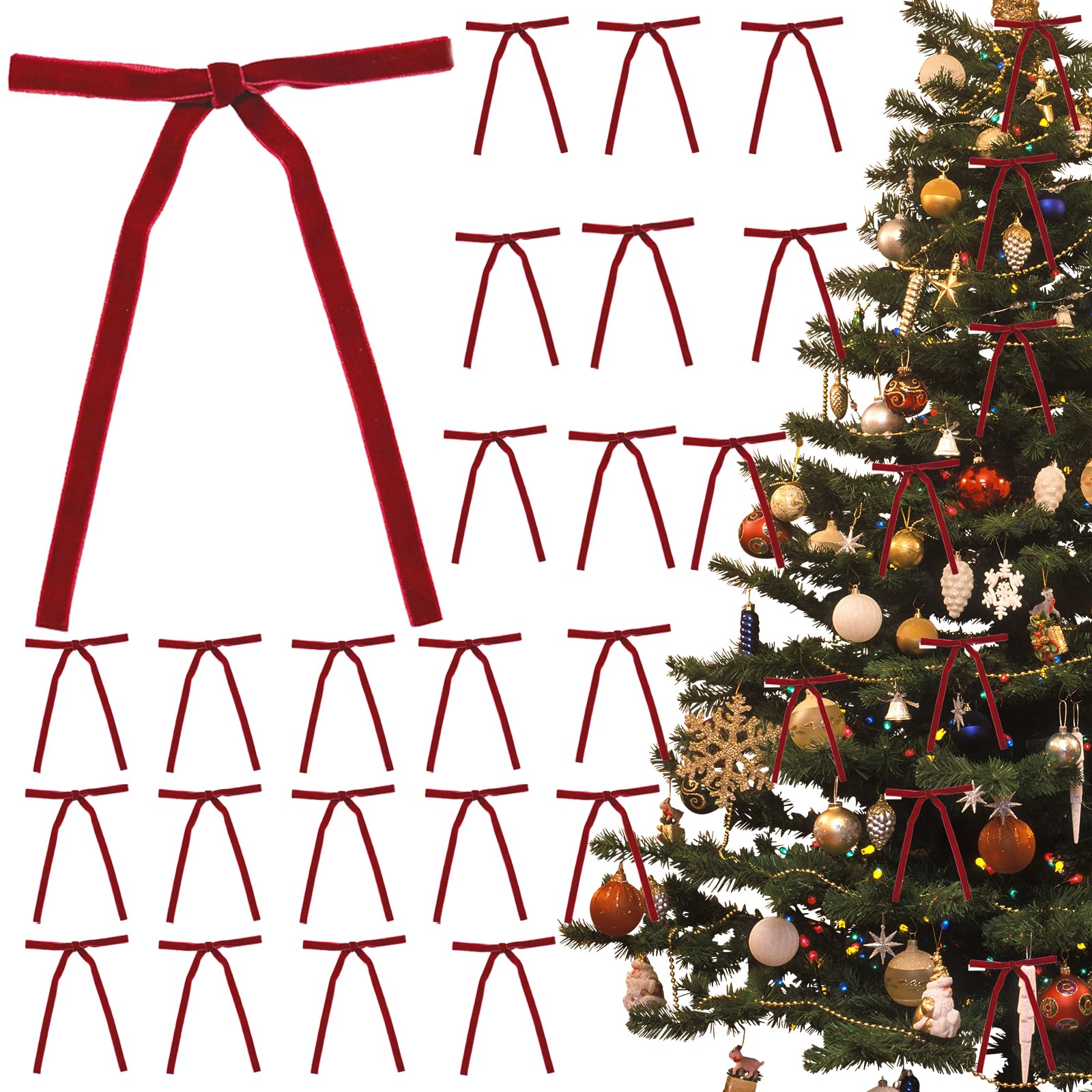 24 Fiocchi Di Velluto Rosso Per Albero Di Natale - Decorazioni Natalizie, Per Regali, Ghirlande, Matrimoni, Casa, Effetto Vintage