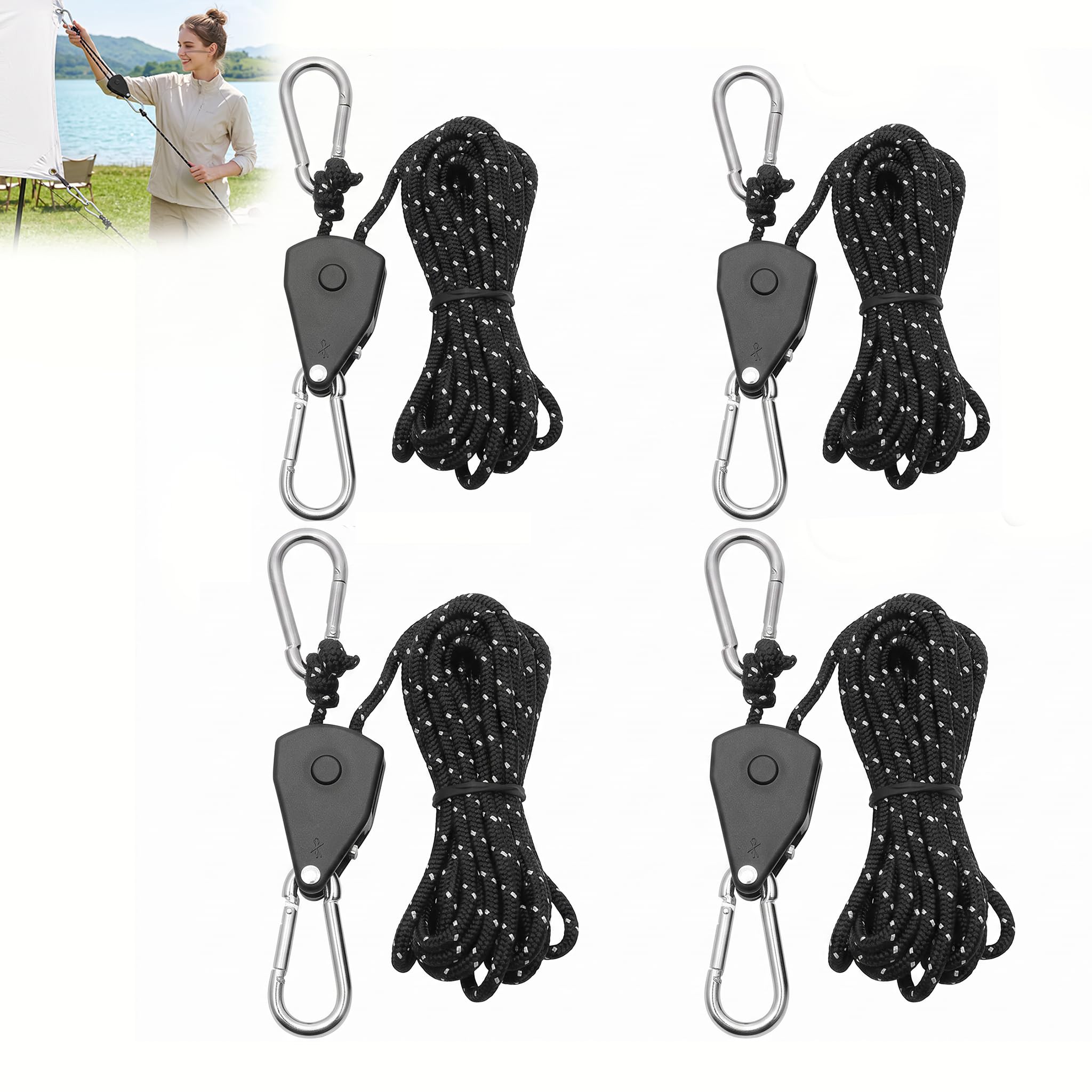 Reflective Tent Guy Ropes, 4mm x 4M Adjustable Camping Ropes with Ratchet Tensioner, Nylon Guide Lines with Metal Pulley for Tent Awning Hiking Outdoor Gear Plant Hanging