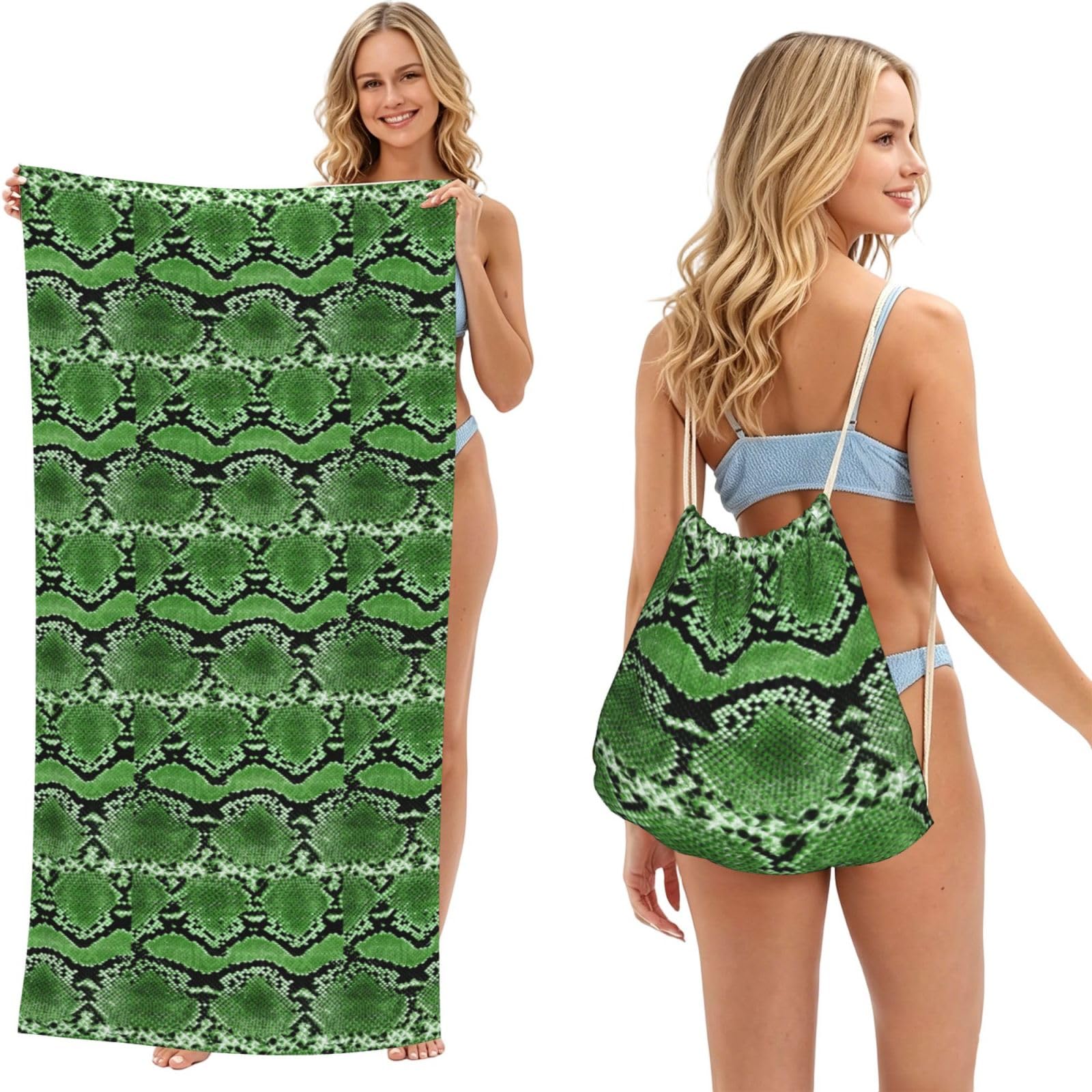 Poadnly As Picture Green Snakeskin Print, 2 In 1 Packable Towel Bag, Beach Towels With Drawstring Backpack For Travel Holiday Camping