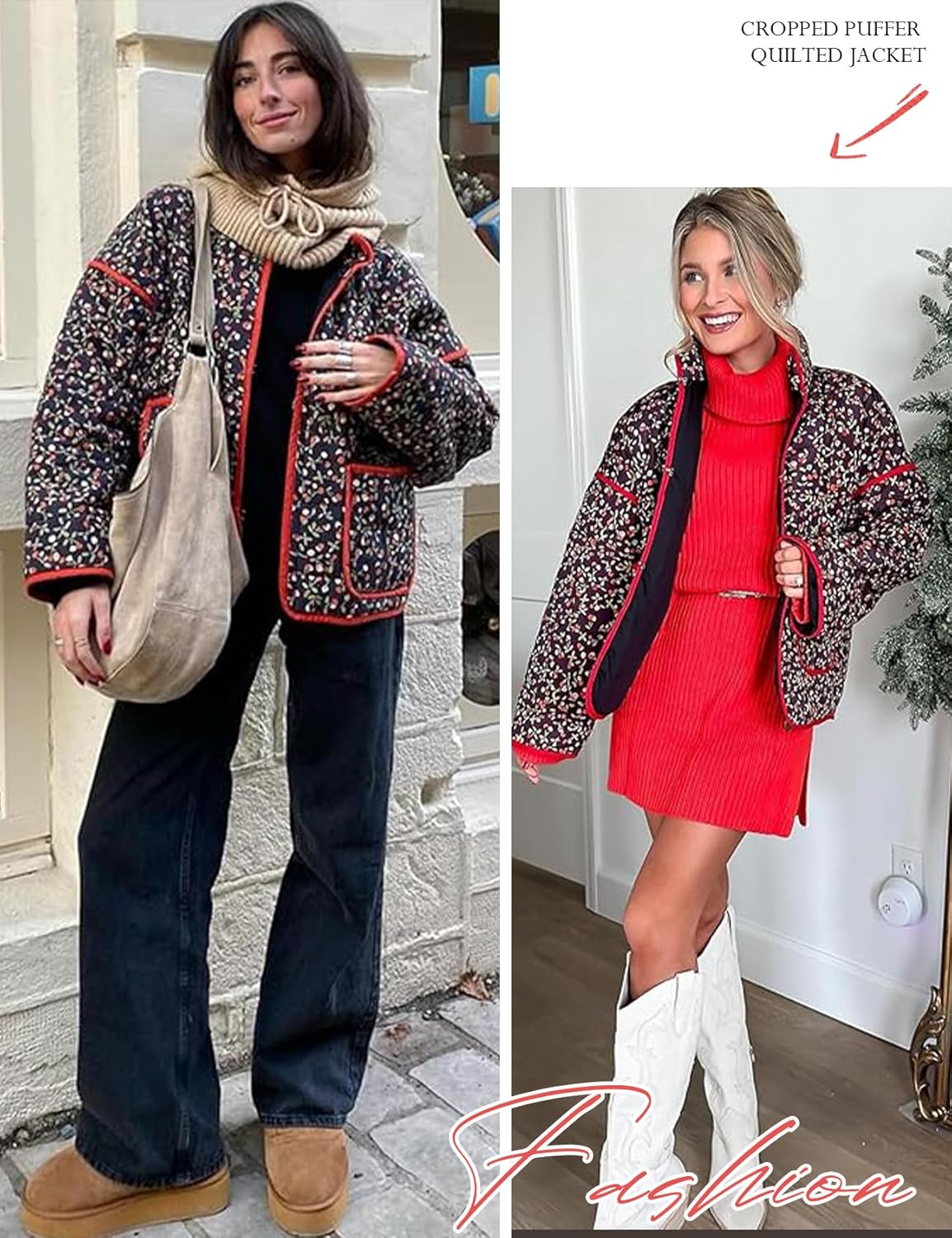 Yimoon Women's Cropped Puffer Quilted Jacket Vintage Floral Print Open Front Lightweight Short Jacket Outerwear - Image 6