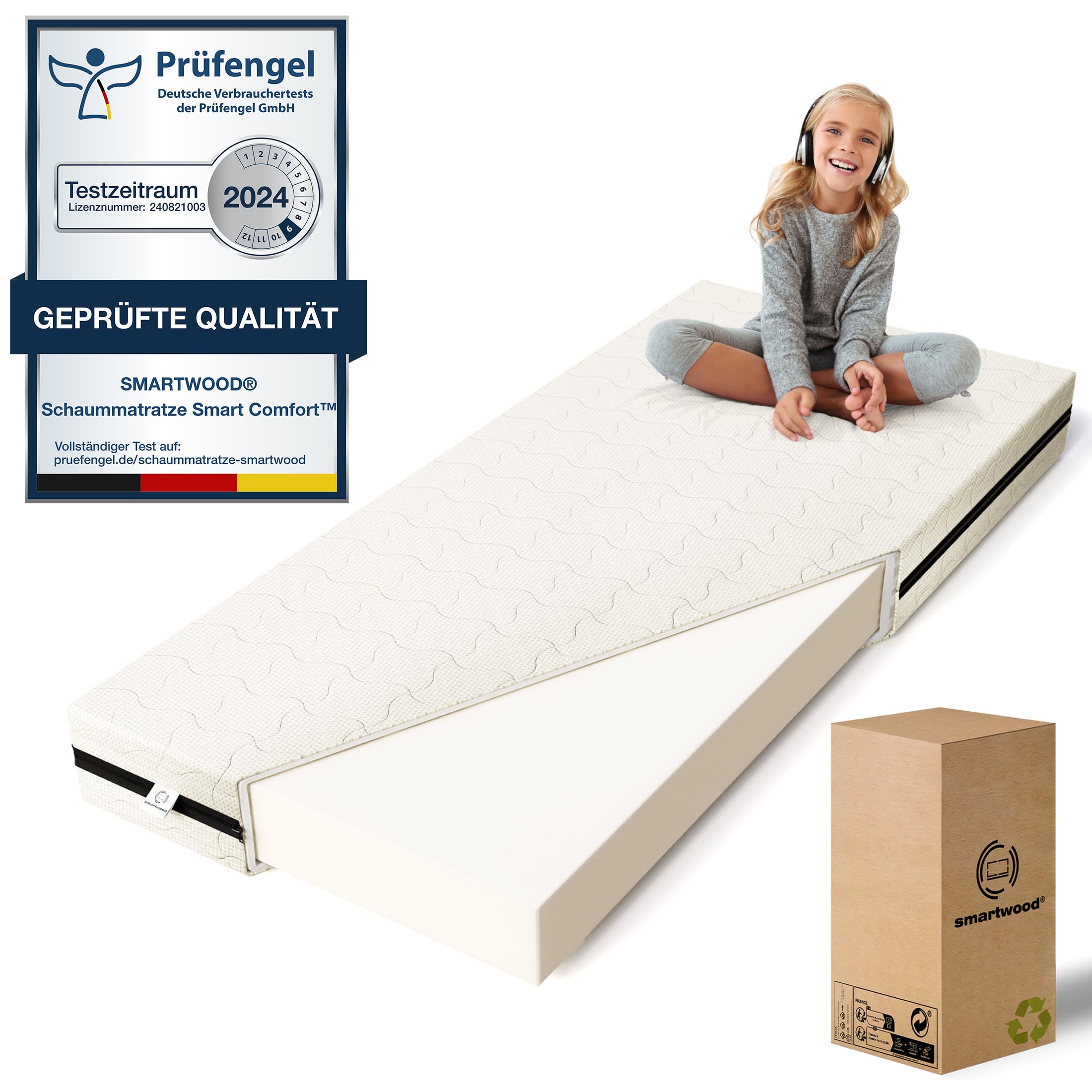 smartwood Kindermatratze 90x160 12cm Matratze für Kinder - H2 Schaumstoffmatratze Oeko-TEX-Zertifiziert - Wendbar - mit Waschbarem Antiallergischem Bezug – SmartComfort | Made in EU
