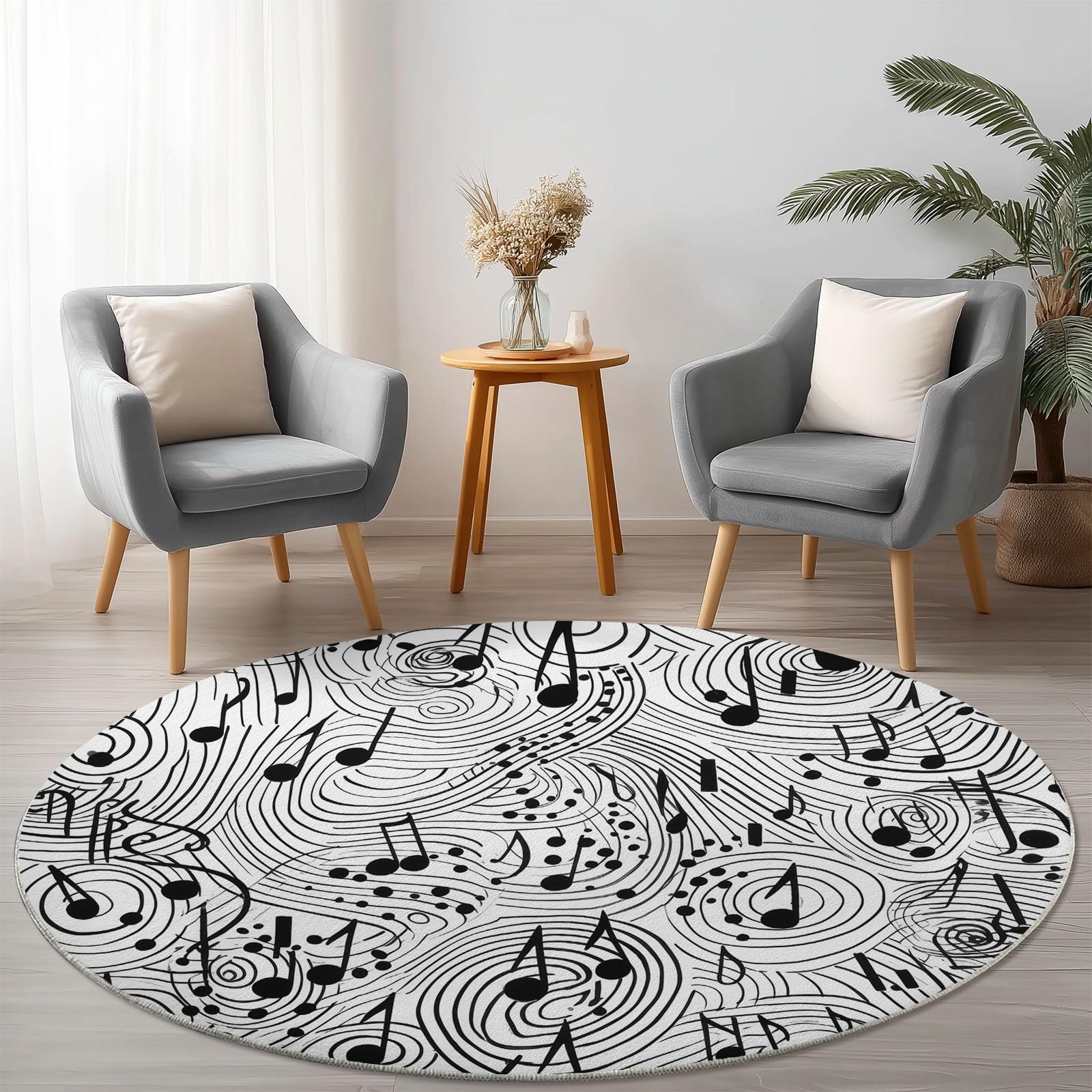 Round Rugs for Living Room, Abstract Washable Area Rugs for Bedroom, Non Slip Rug for Dining Room Home Office, Soft Low Pile Floor Carpet for Home Decor, 90 cm Black Musical Notes Wavy Lines