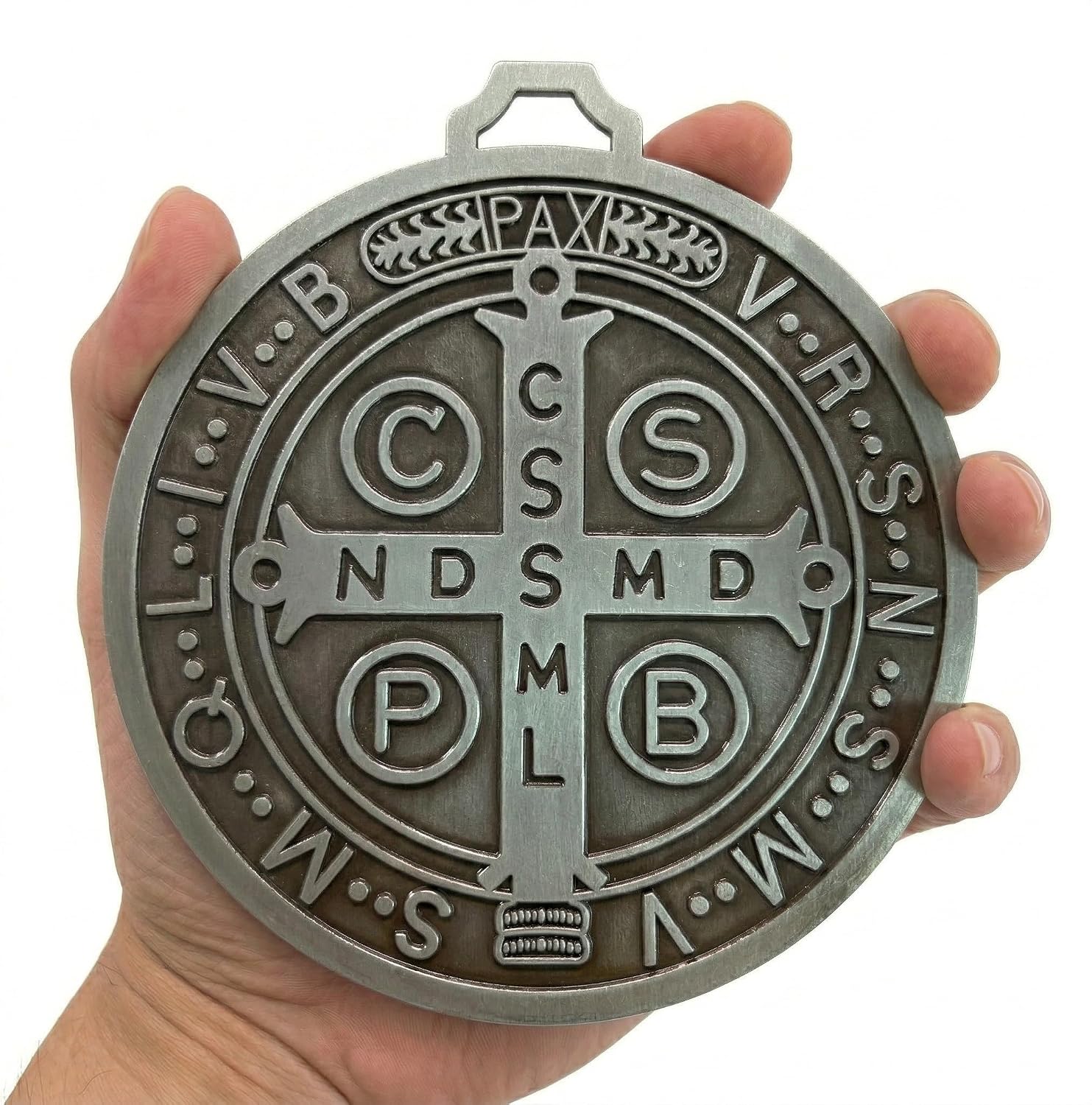 St Benedict Medal 5.5" Extra Large Wall Decor - Heavy Duty Alloy Catholic Protection Cross Medalla de San Benito - Antique Multi-Color Finishes Religious Art for Home Blessing, Altar, Door & Spiritual Gifts (Antique Silver)