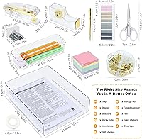 Vista 6 de Buqoo Porta notas adhesivas acrílicas doradas con 5 paquetes de notas adhesivas, grapadora y dispensador de cinta con removedor de grapas, tijera