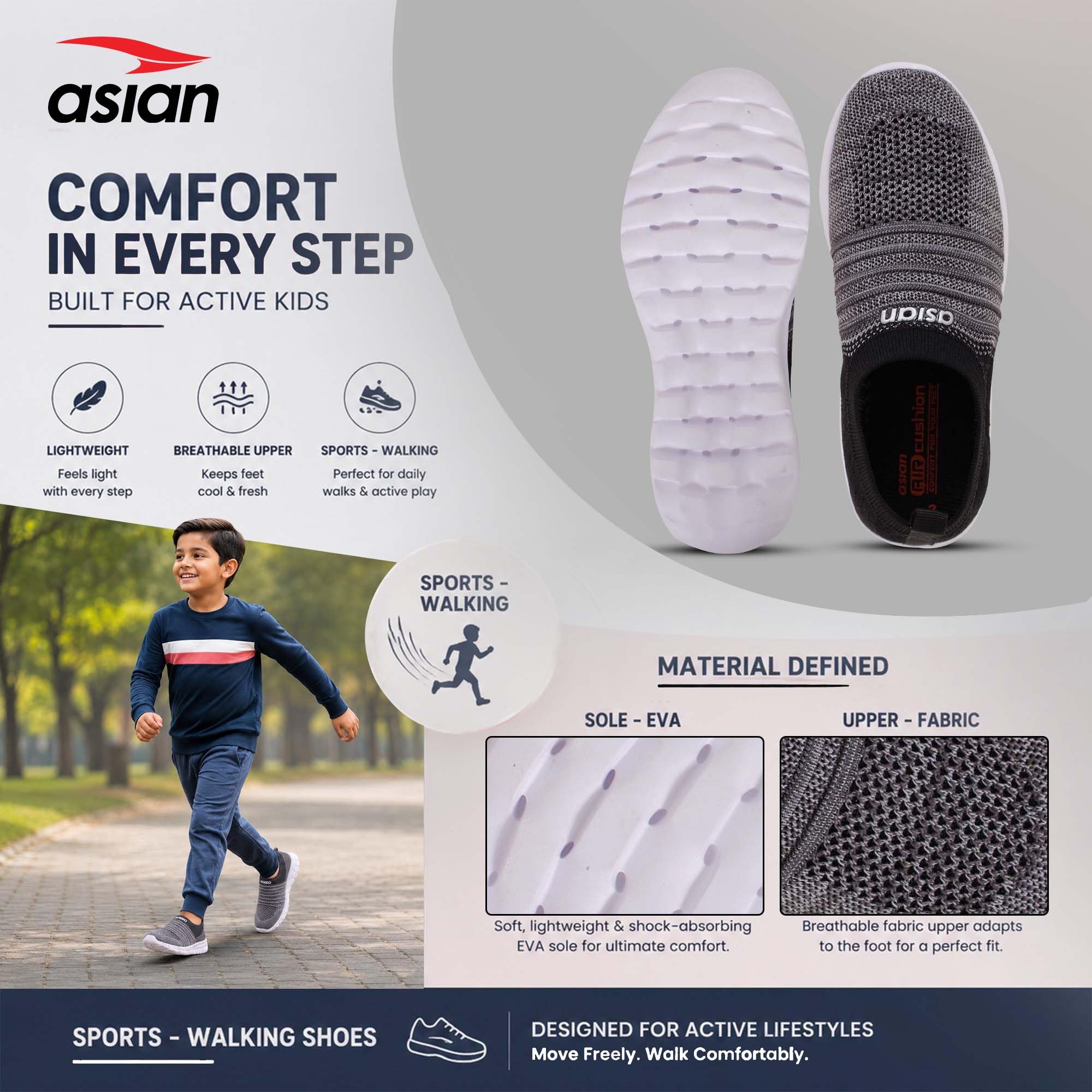 ASIAN Mars-12 Kids Casual Walking Shoes | Lightweight Slip-On Design, Stretch Knit Comfort & Flexible | Ideal (Grey Black, Numeric_4),UK 4 3