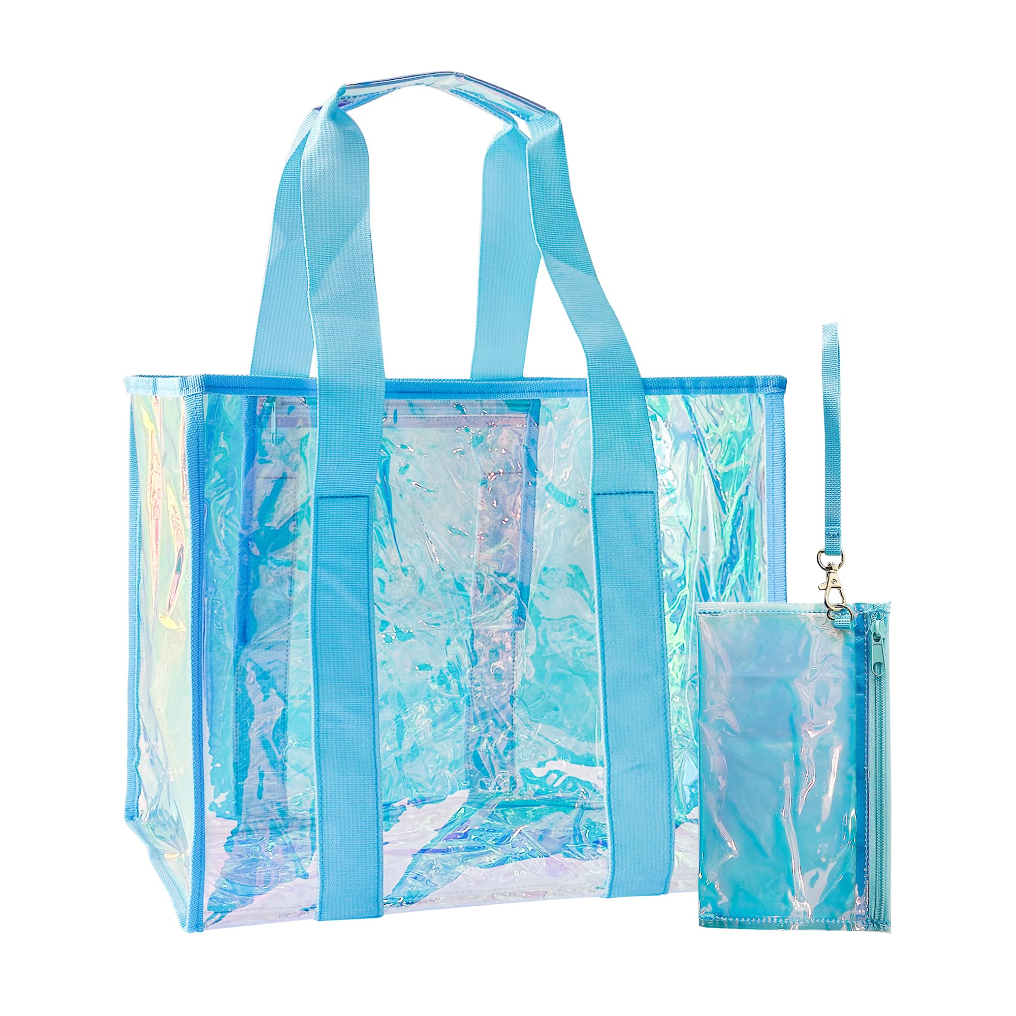 TotePrint Große transparente Strandtasche mit schillerndem Muster, wasserdicht, lila Tragegriffe