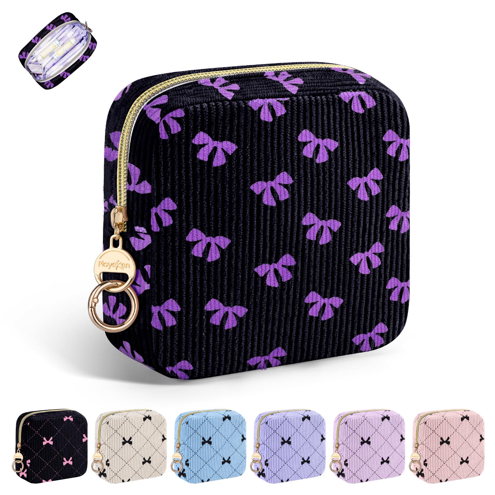 Period Bag for Girls, Corduroy Sanitary Napkin Storage Bag, P Bow