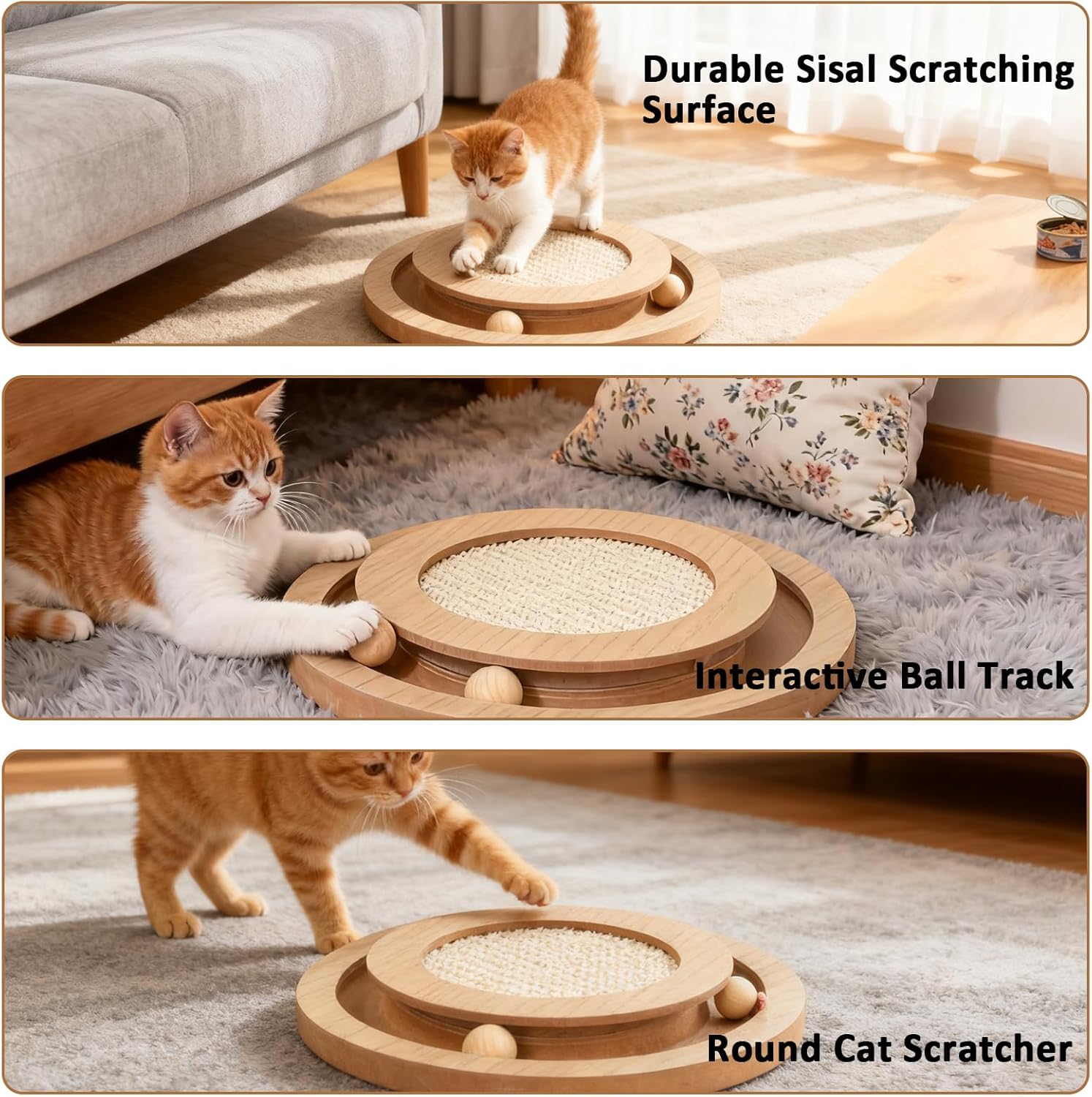 Cat Scratcher Round Natural Sisal Scratching Pad Interactive Scratcher Toys for Indoor Small Cats and Kitten Chasing Hunting Mental Physical Exercise Puzzle