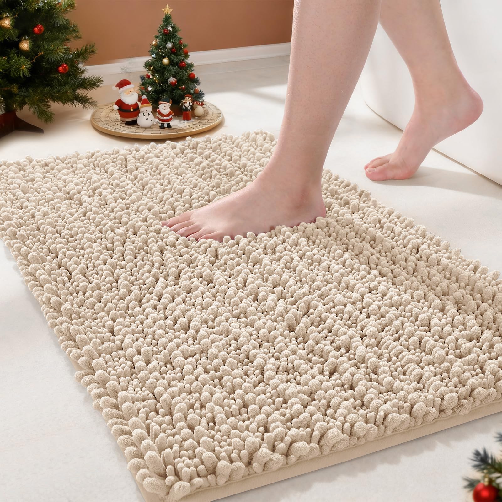 Yimobra Bathroom Rugs Non Slip Washable 24x17 Inch - Ultra Soft Absorbent Chenille Bath Mat, Quick Dry Shaggy Floor Carpet for Tub Shower, Light Brown Home Decor Accessories