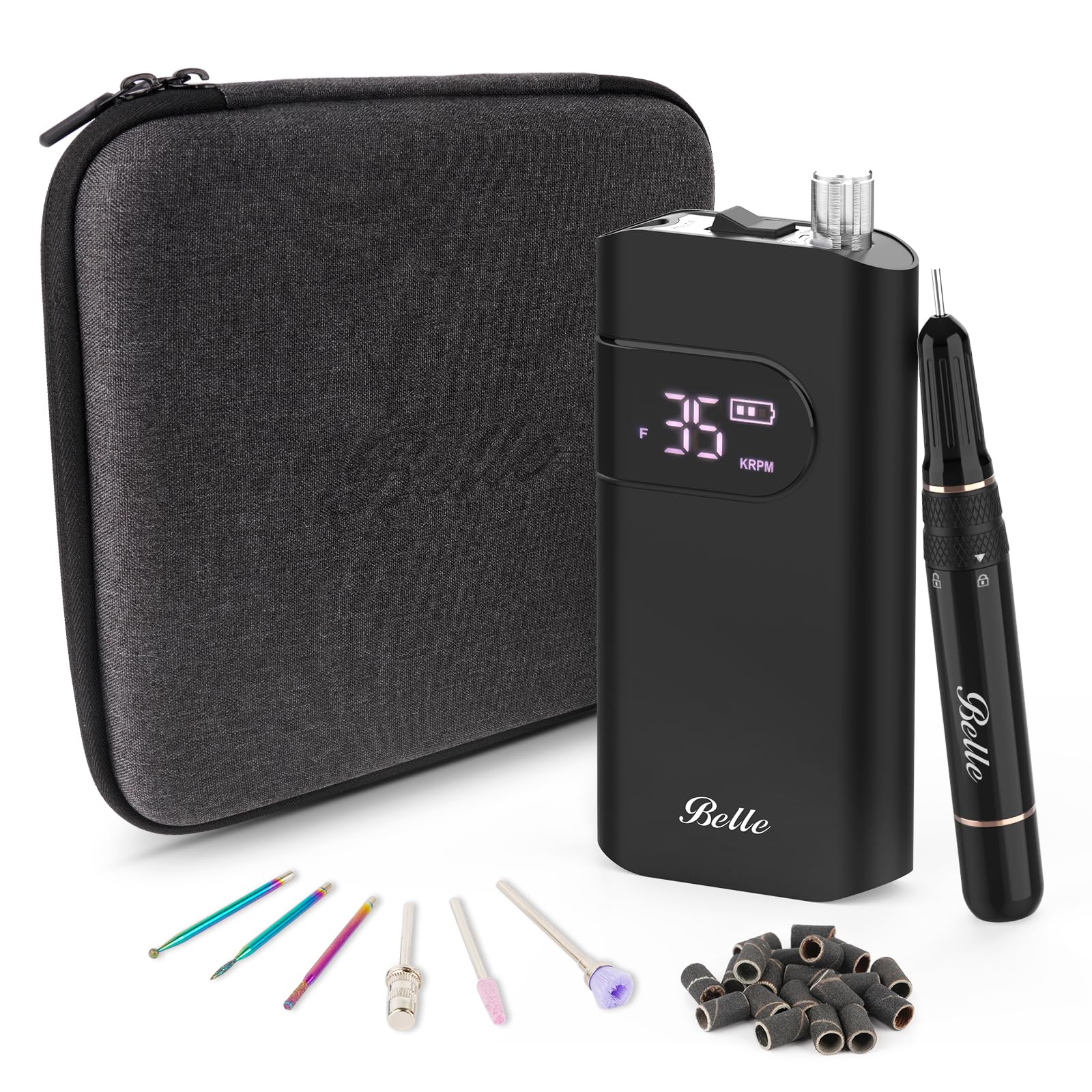 Belle Electric Nail Drill, 35000 RPM Professional Cordless Nail Drill Machine with 6 Nail Drill Bits & Sanding Bands,Rechargeable Portable Efile for Acrylic Gel Nails, Manicure Pedicure,Black BH-905
