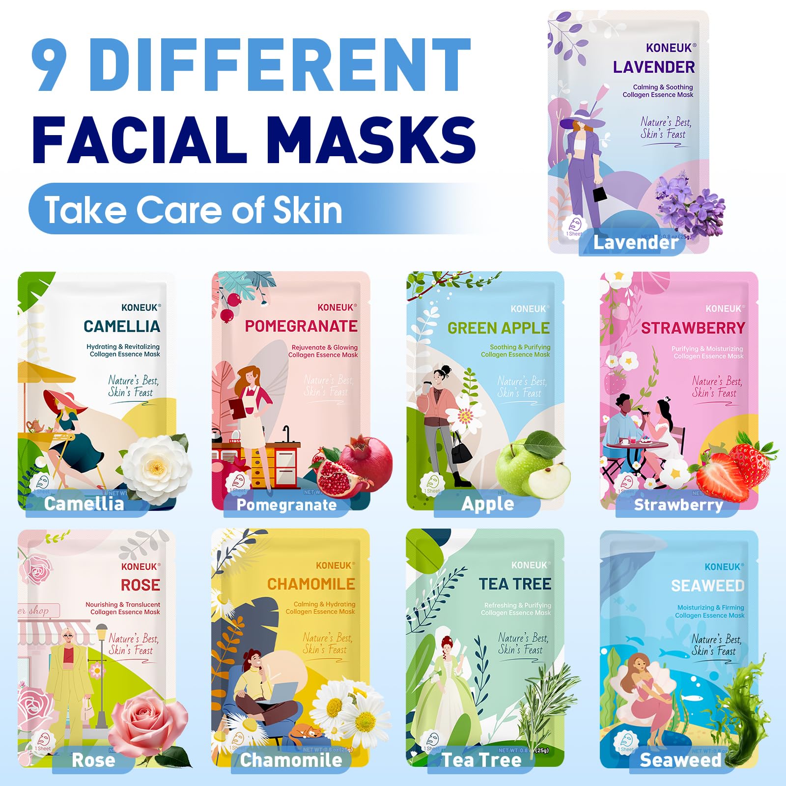 KONEUK 9 Pack Hydrating Face Masks Skincare, Bulk Sheet Face Mask for Dry Skin, Collagen Facial Masks Spa Gifts for Women Skin Care, Mothers Day Gifts for Mom, Teacher Gifts and Nurse Gifts