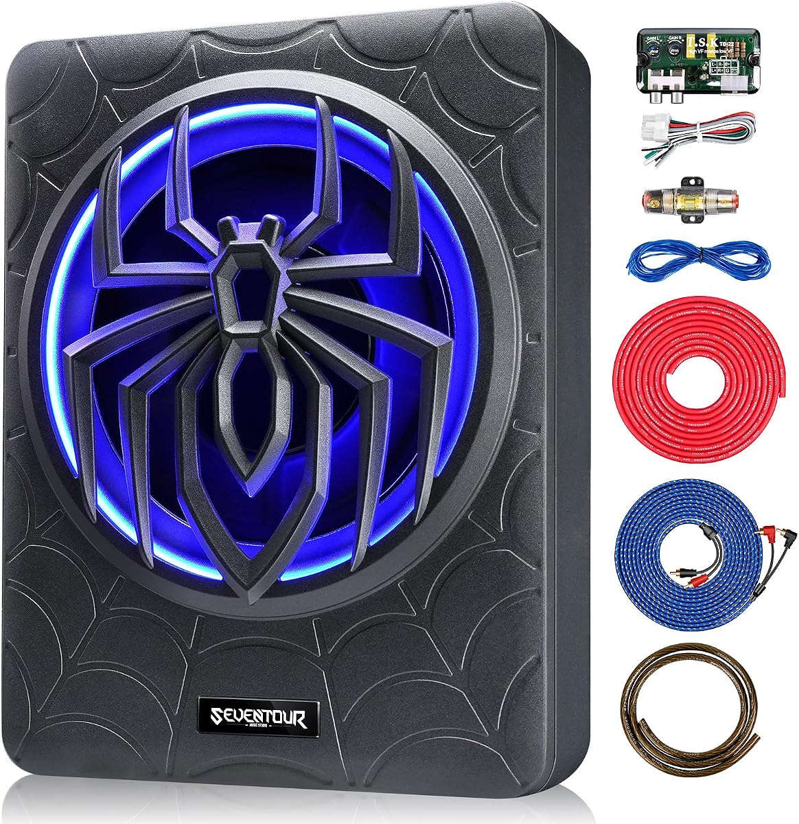 10" 1200W Slim Under Seat Powered Car Subwoofer, Car Sub Built in Amplifier | Car/Truck Audio Sub Built in Amplifier amp Combo Package, with RGB LED Light(Subwoofer + Mounting Wire Kit)