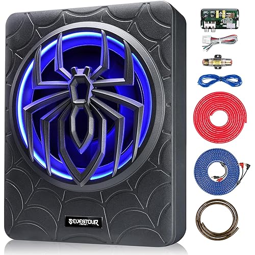 10" 1000W Slim Under Seat Powered Car Subwoofer, Car/Truck Audio Sub Built in Amplifier amp Combo, with Blue LED Light (Subwoofer + Mounting Wire Kit)