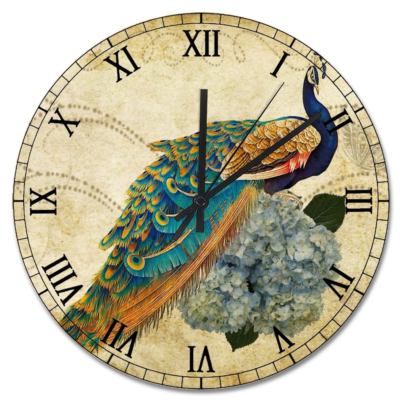 Horloge murale decoration salon et chambre style plumes de paon bleu