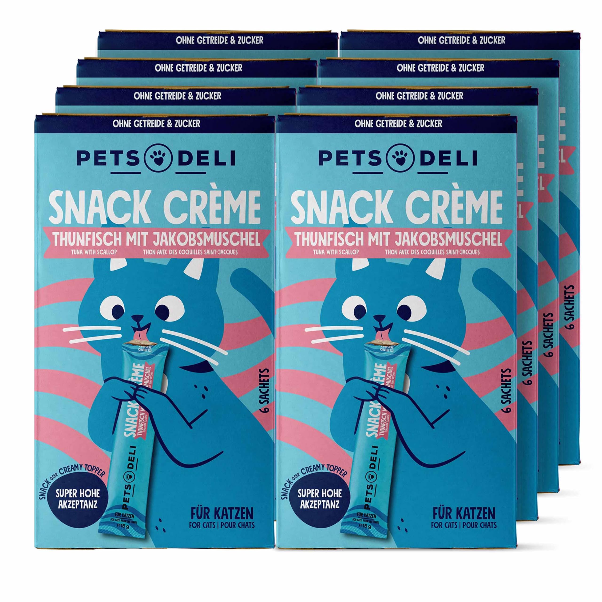 Pets Deli Cremesnack Katzen Snack Thunfisch & Jakobsmuschel, Topping & Belohnung, für wählerische Katzen, getreidefrei, Ohne Zucker, 8x90g, Premium Qualität