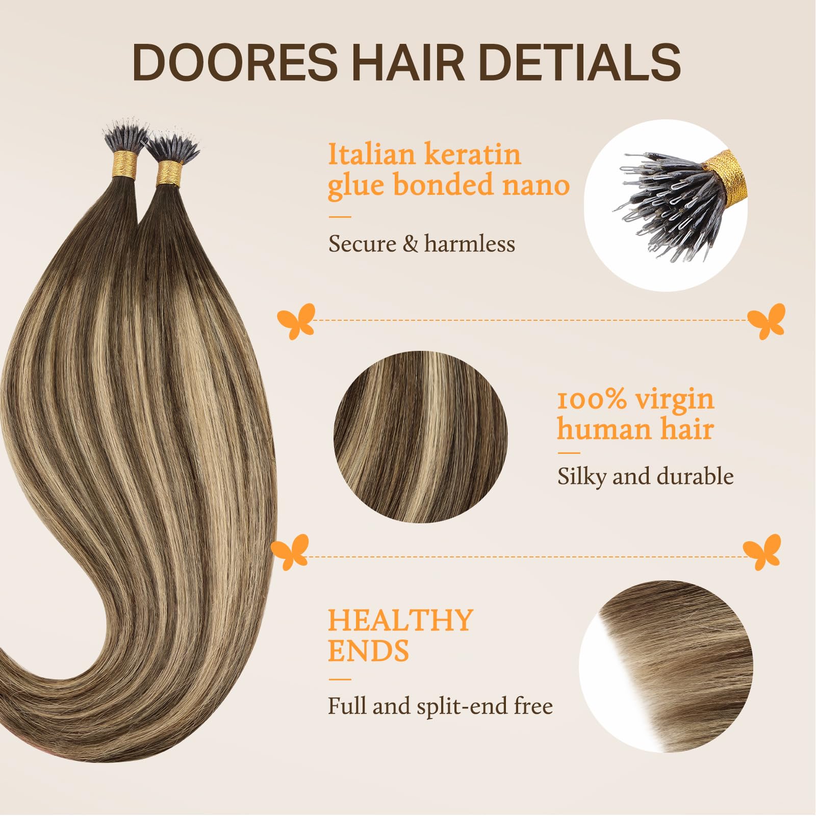 DOORES Nano Beads Hair Extensions, Chocolate Brown to Honey Blonde 16 Inch 50g 100s - Image 3