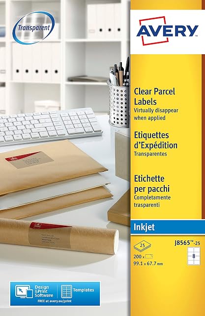 Avery Self Adhesive Clear Parcel Shipping Labels, Inkjet Printers, 8 Labels Per A4 Sheet, 200 labels, QuickDRY (J8565)