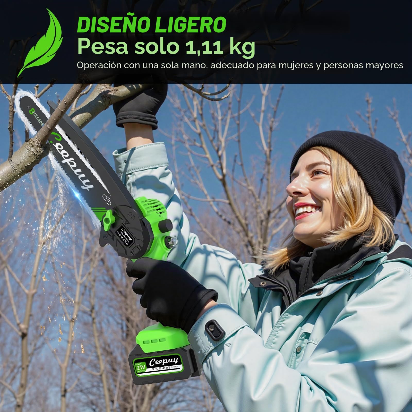 8 Pulgadas Mini Motosierra Inalámbrica 2x4000mAh Batería Sierra Eléctrica de Mano con Cadena Acero al Manganeso y Engrasador Automático Motosierra Pequeña Portátil para Podar Árboles y Cortar Madera