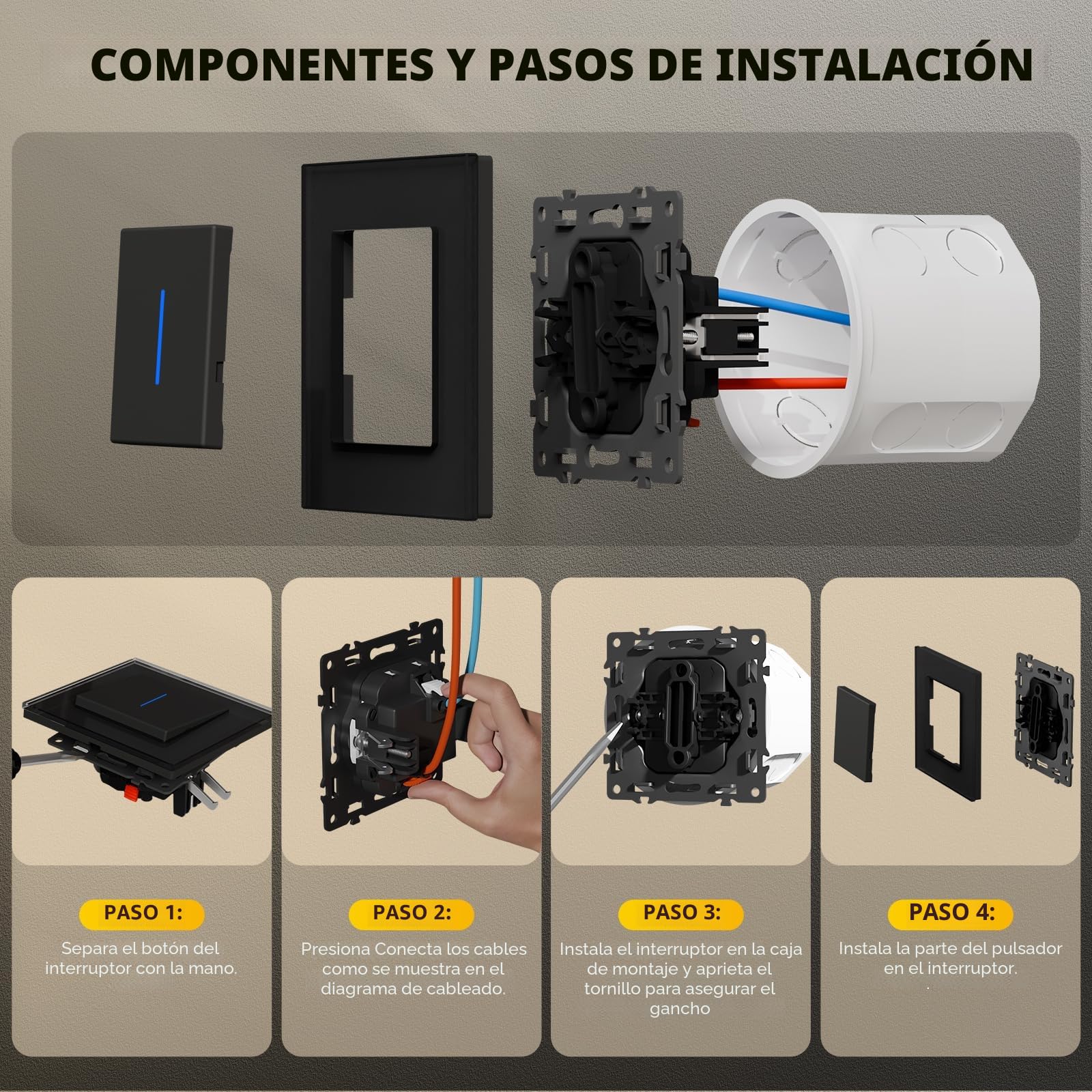 Interruptor Pared,Interruptor de Pared con Marco de Cristal con LED Indicador,1 Gang 1 Vía,Fácil Instalación Diseño de Gancho de Garra,86 * 86mm Negro