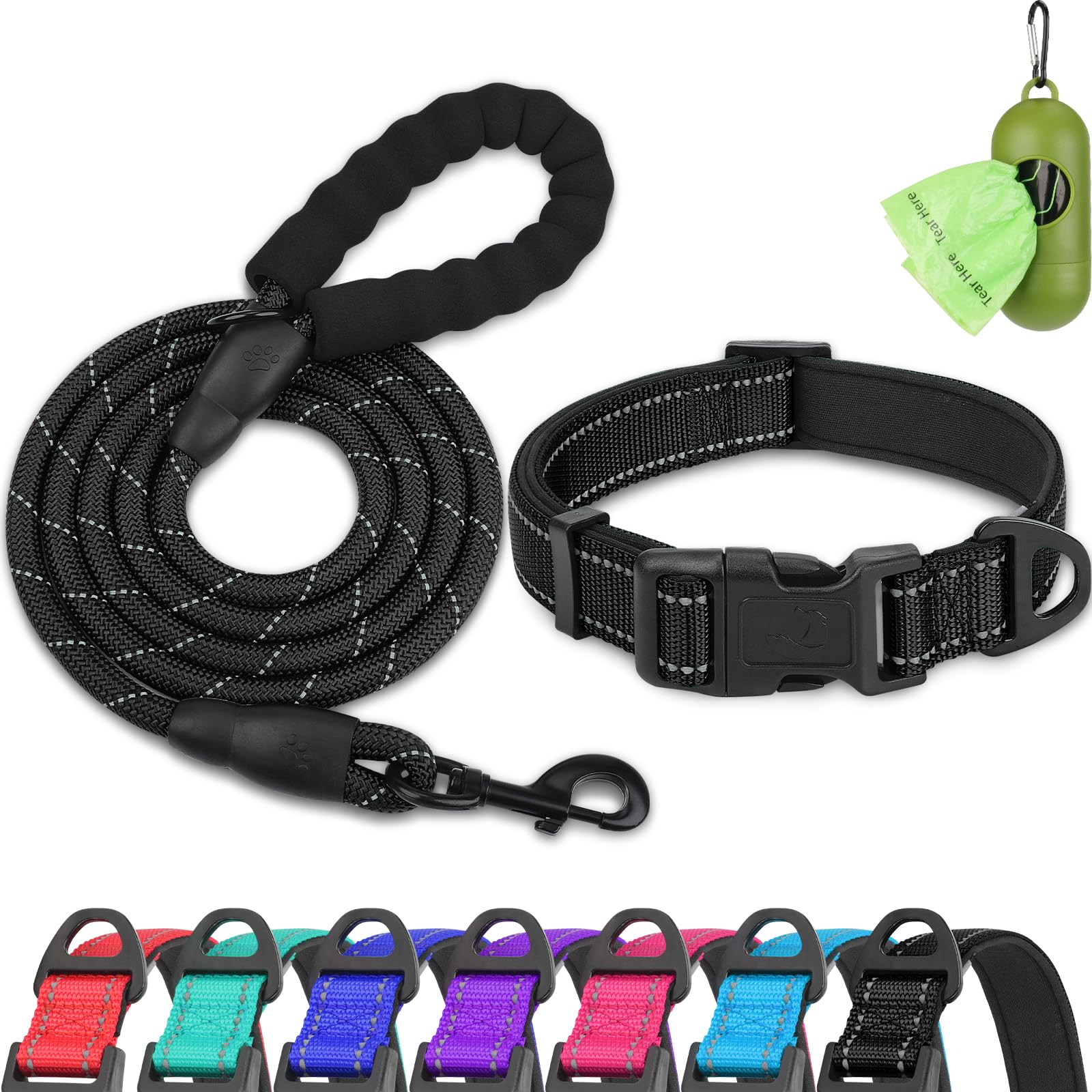 Dynmeow Reflective Dog Collar and Leash Set, 6FT Strong Climbing Rope Leash with Padded Handle, Adjustable Pet Collar with Soft Neoprene Padding for