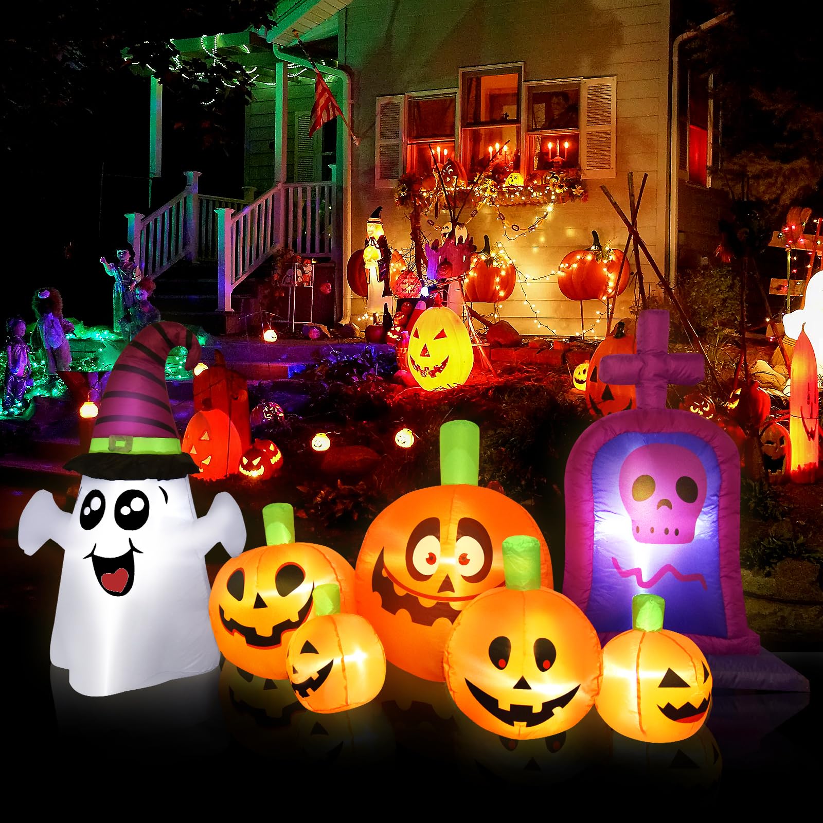 8.3 FT Long Halloween Inflatables Outdoor Decorations - Pumpkins with White Ghost and Tombstone, Blow Up Inflatables with Built-in LEDs for Holiday Party Yard Lawn
