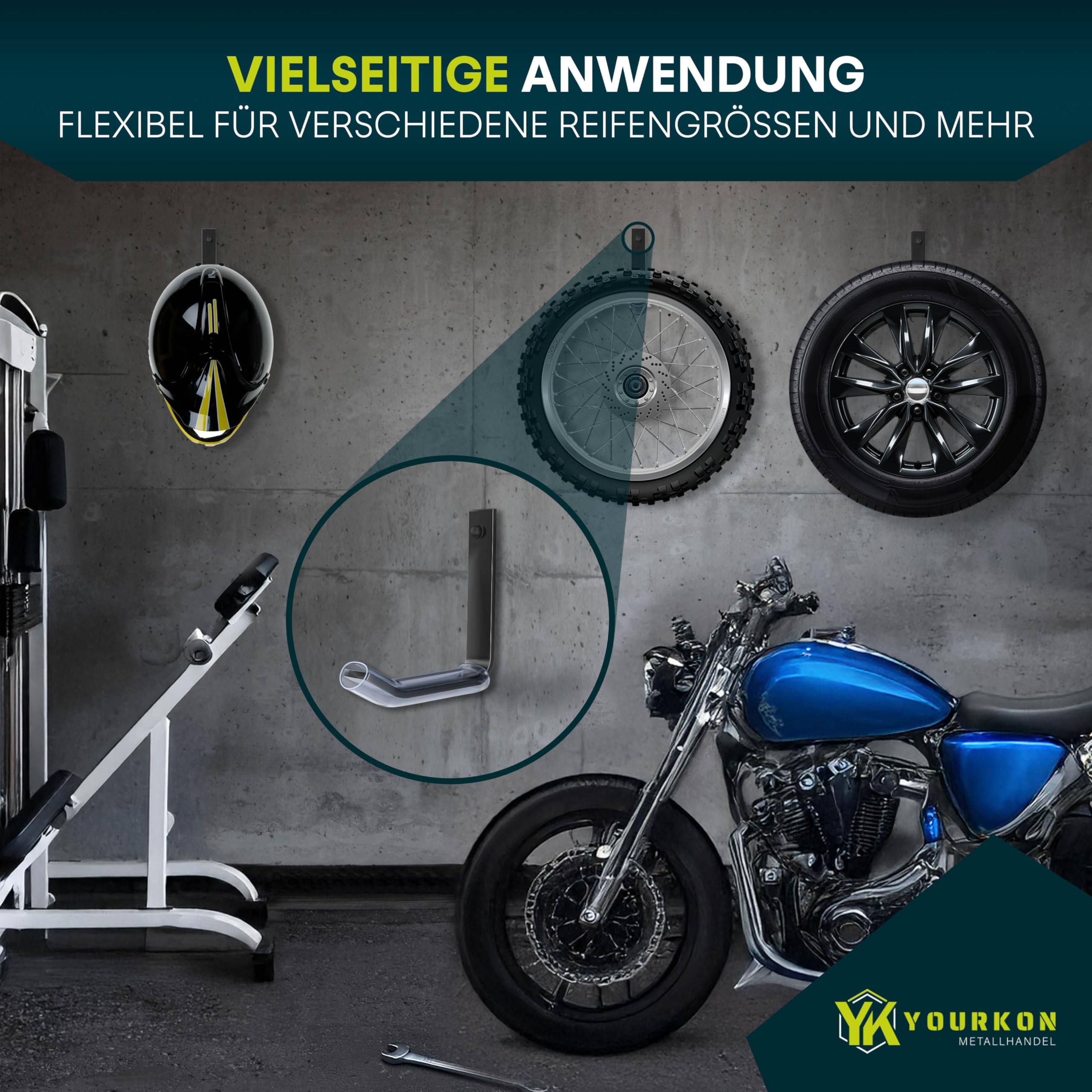 Yourkon WandFix: Reifen- und Felgenhalter 4er Set Platzsparende Wandhalterung für Reifen Tragfähigkeit bis 25KG inklusive Montagematerial