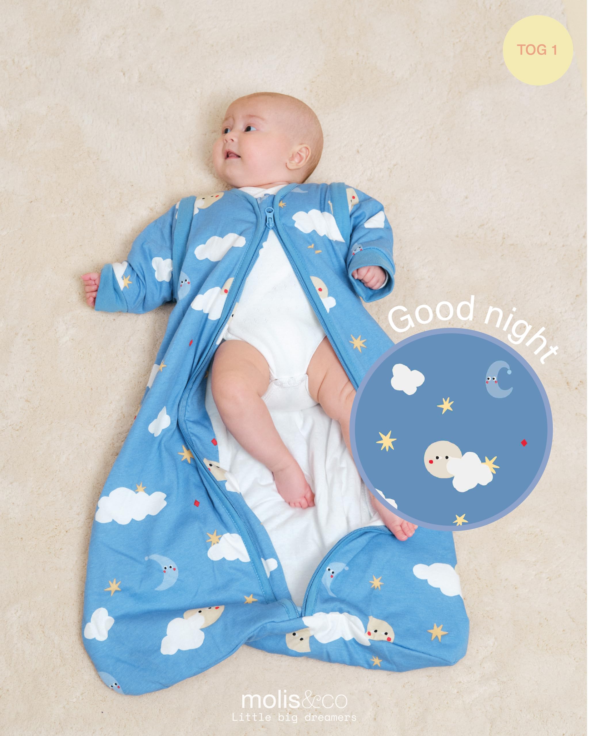 molis&co - Sacco Nanna 1 TOG - Sacco nanna maniche staccabili - Primaverile e autunno - Sacco Nanna per Neonato da 6-12 mesi - 100% Cotone (Certificato Oeko-Tex) - Leggermente Imbotito - Good Night