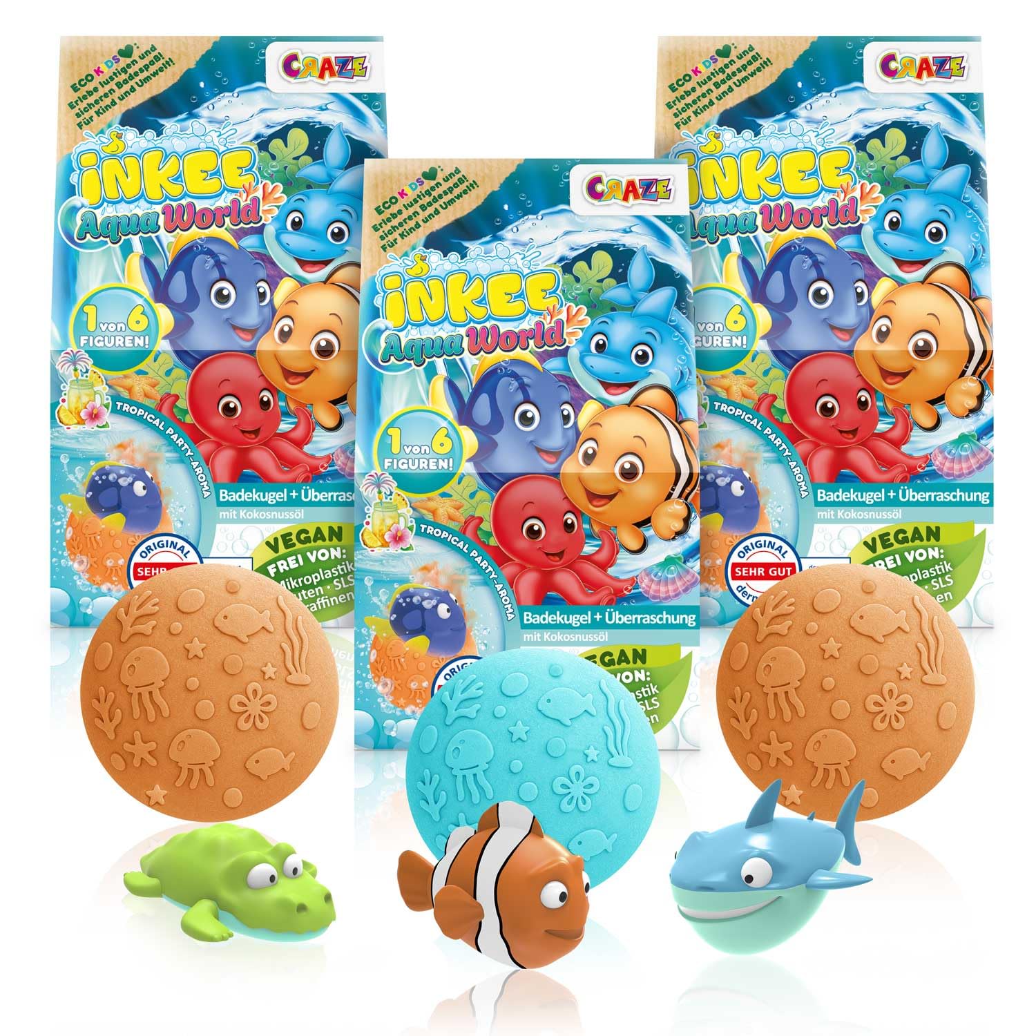 INKEE Aqua World Surprise Bath Bomb Bundle of 3 – Fun Bath Toys with Tropical Scent and Hidden Figure – Gentle Kids Bath Bombs for Sensitive Skin