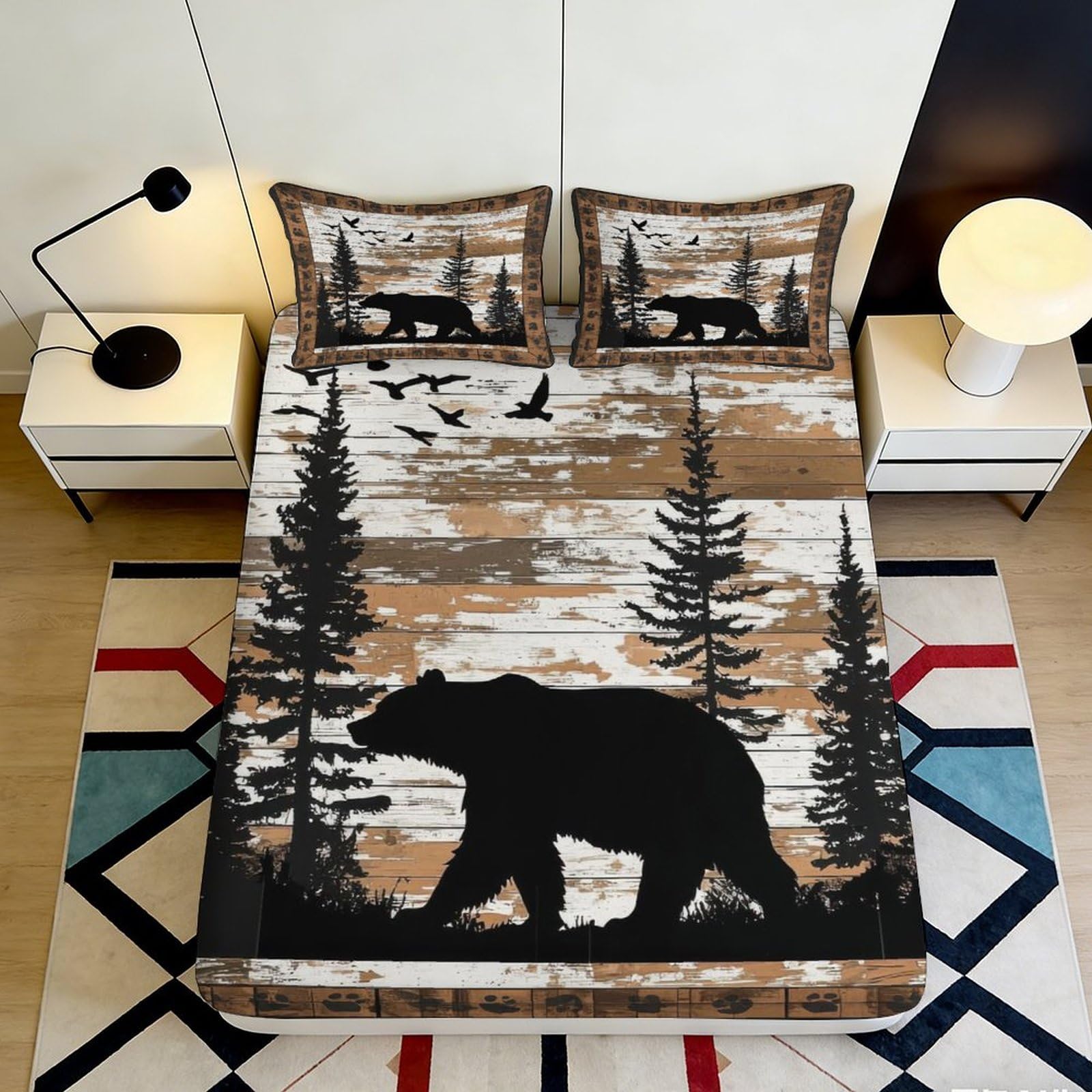 3D Printed Bear Forest Fitted Sheet Microfiber Woodland Animal Mattress Cover for Bedroom Guest Room Decor 120x200cm 180x200x25cm