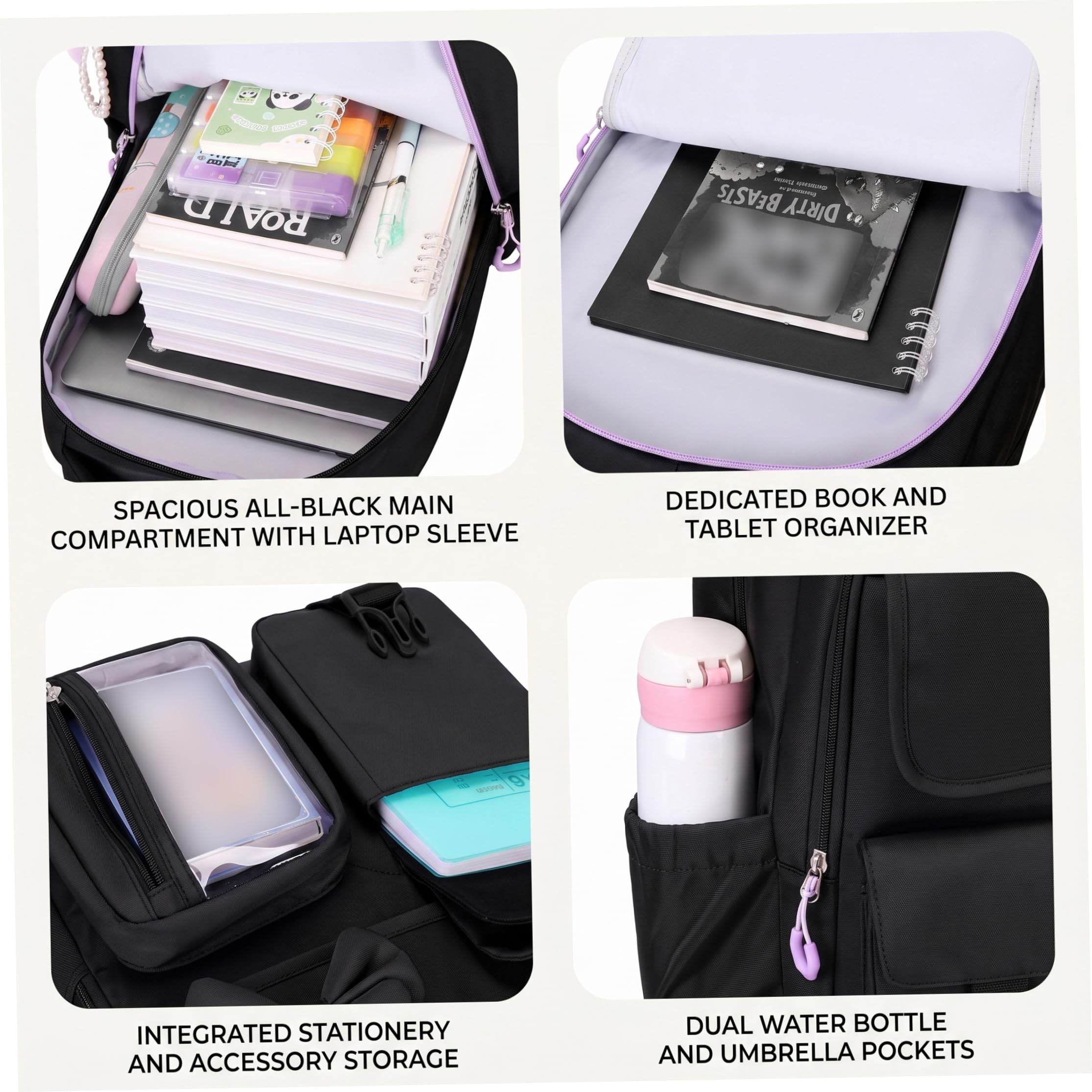 Zaini scolastici per ragazze, set di zaini scolastici multiscomparto da 3 pezzi con portapranzo e astuccio, stile 1..