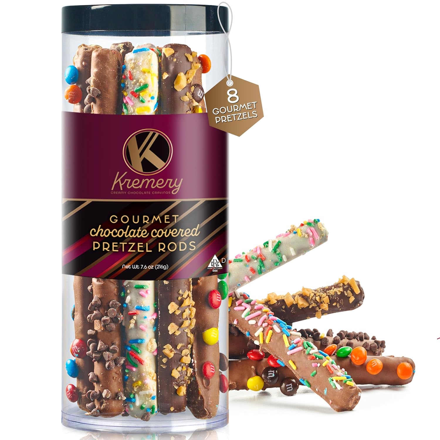 KREMERY Creamy Chocolate Cravings - Easter Chocolate Covered Pretzel Rods Gift Basket with Candied Toppings (8 Pretzels) Sweet Treats in Clear Tube Kosher