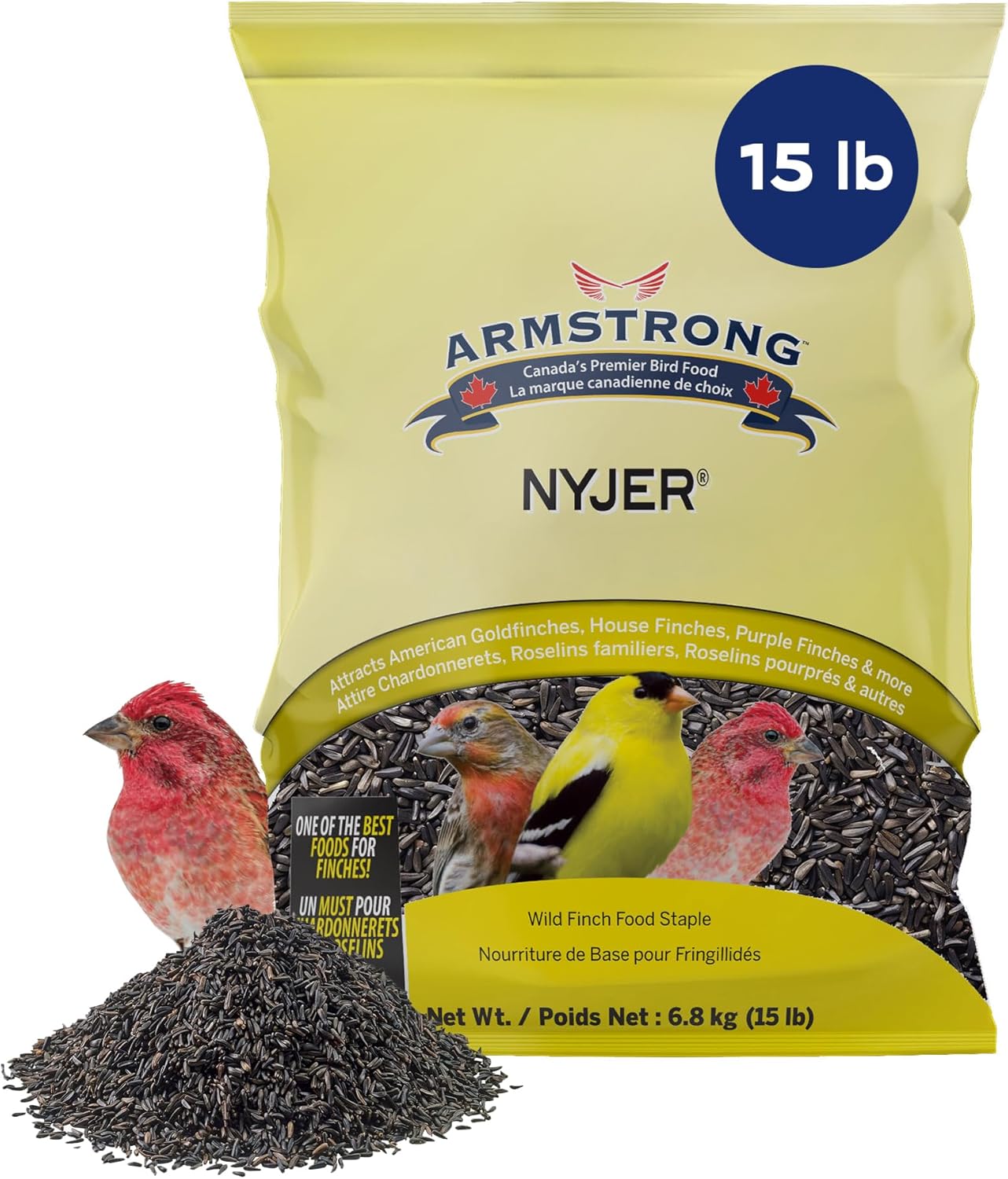 Armstrong Wild Bird Food Nyjer Bird Seed, 15 Pounds - for American Goldfinches, House Finches, Purple Finches, Black-Capped Chickadees & More - Ideal for Outside Feeders