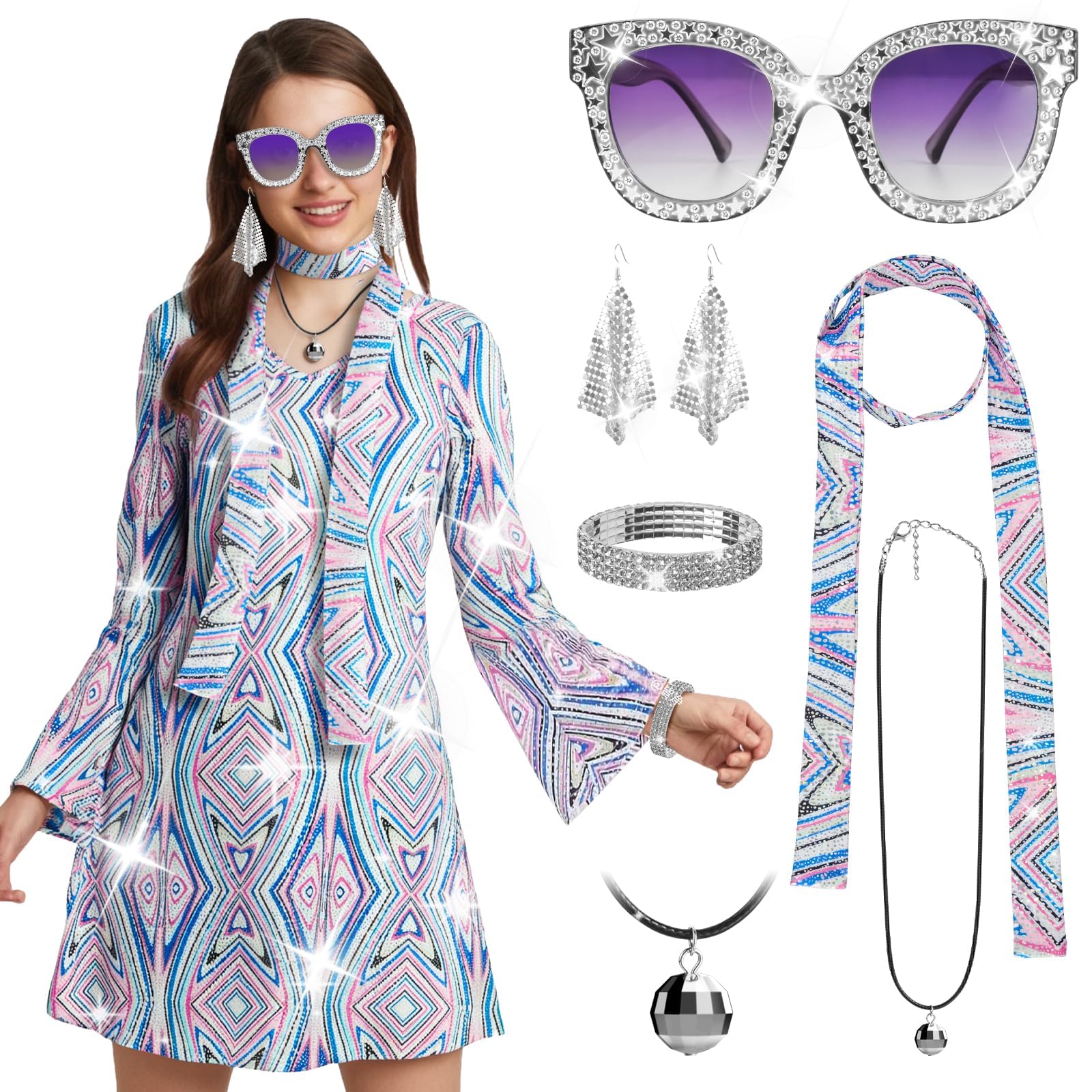 Gerophor Women's 70s Disco Dress Costume,Hippie Outfit 6 Pcs,Retro Disco Dress-PLEASE ORDER ONE SIZE UP for Party Cosplay