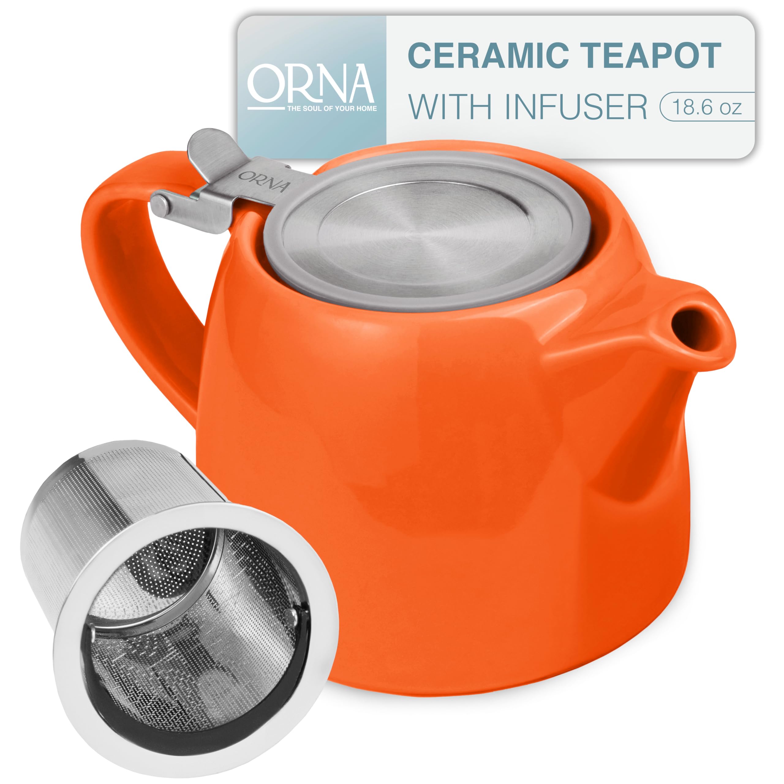 ORNA Théière en céramique avec infuseur et couvercle - Petite théière en porcelaine pour une ou 2 personnes - 550 ml - Orange