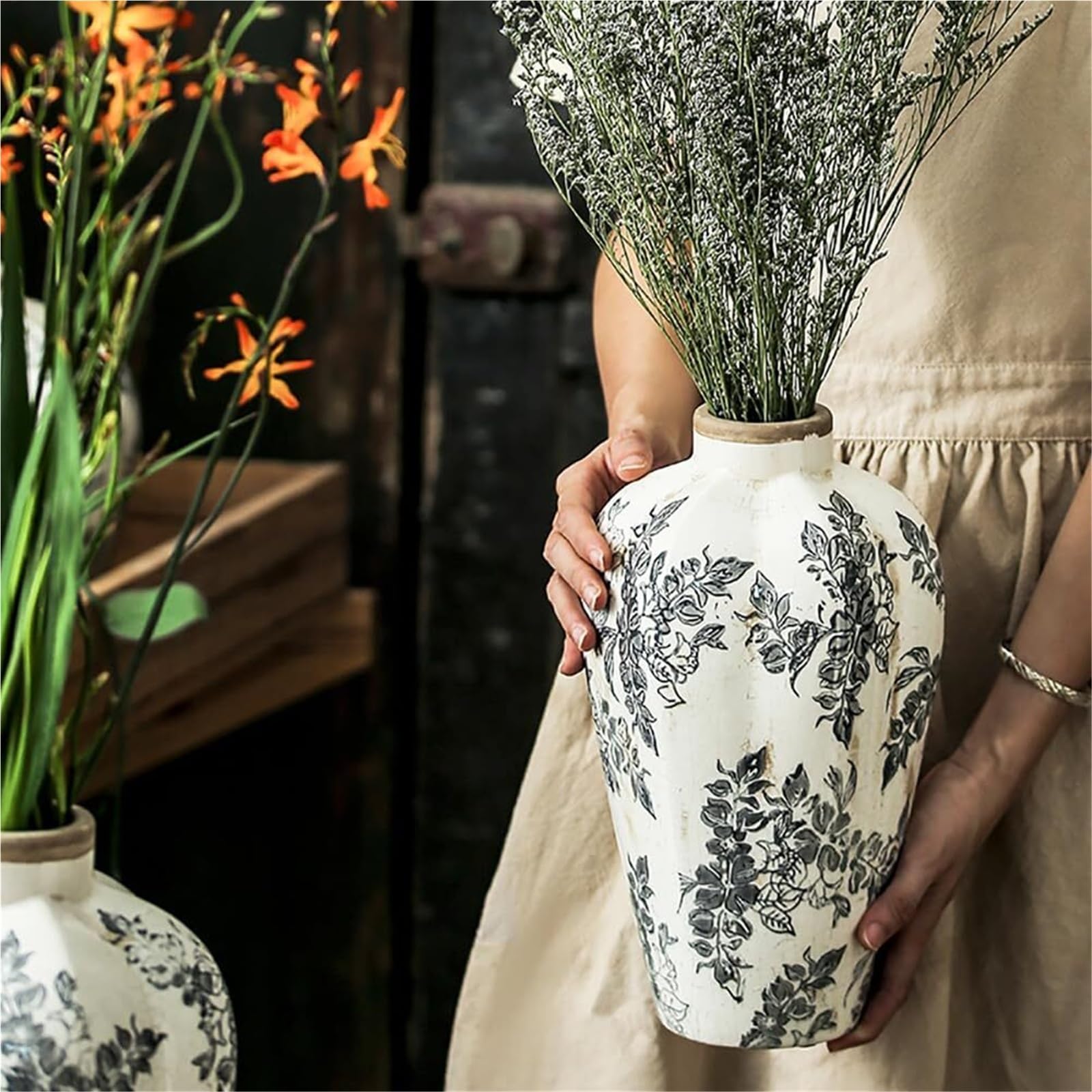 Vase en céramique rustique rétro en forme de citrouille craquelée pour décoration