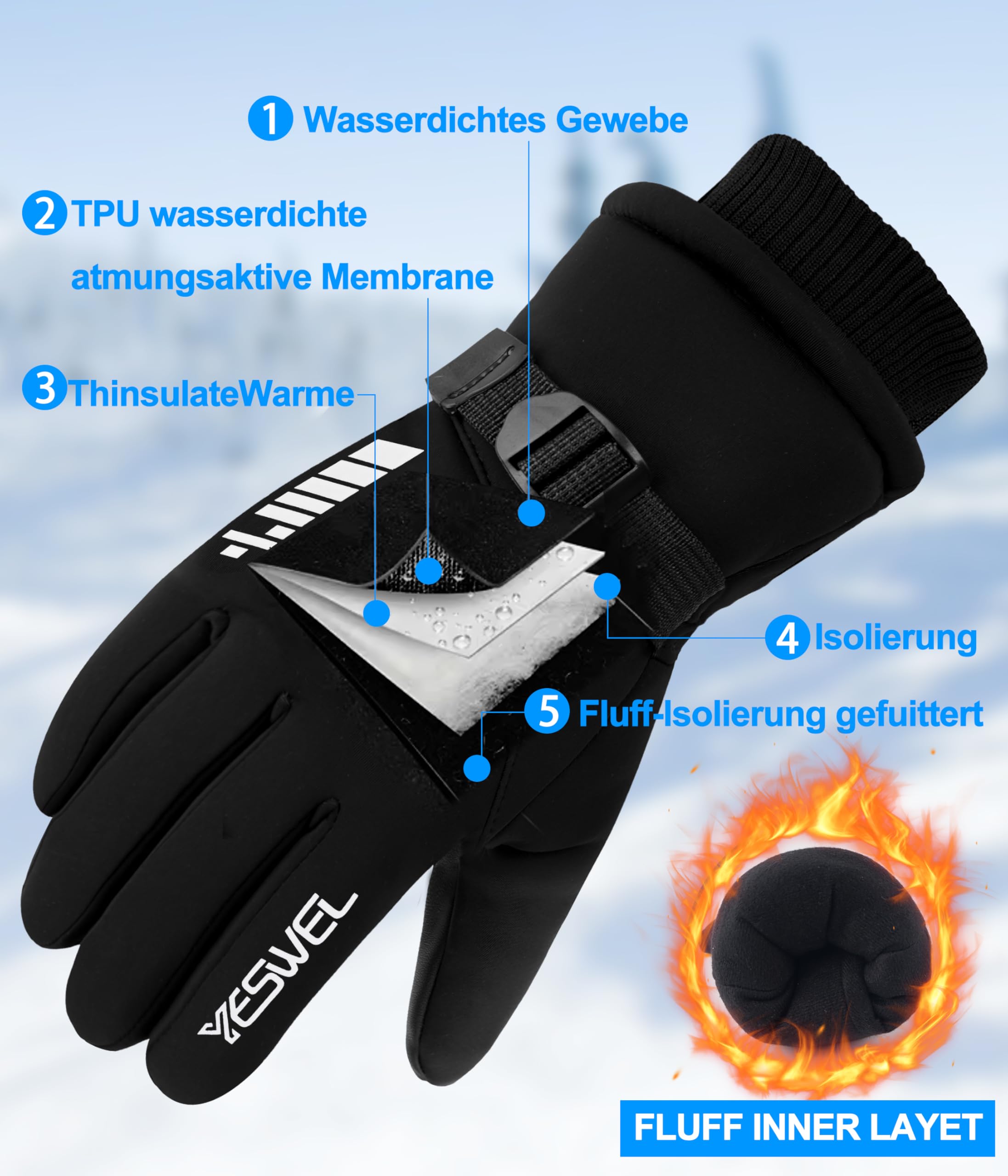 YESWEL Guantes de Esquí Impermeables con Pantalla Táctil para Hombre y Mujer, Invierno Cálidos