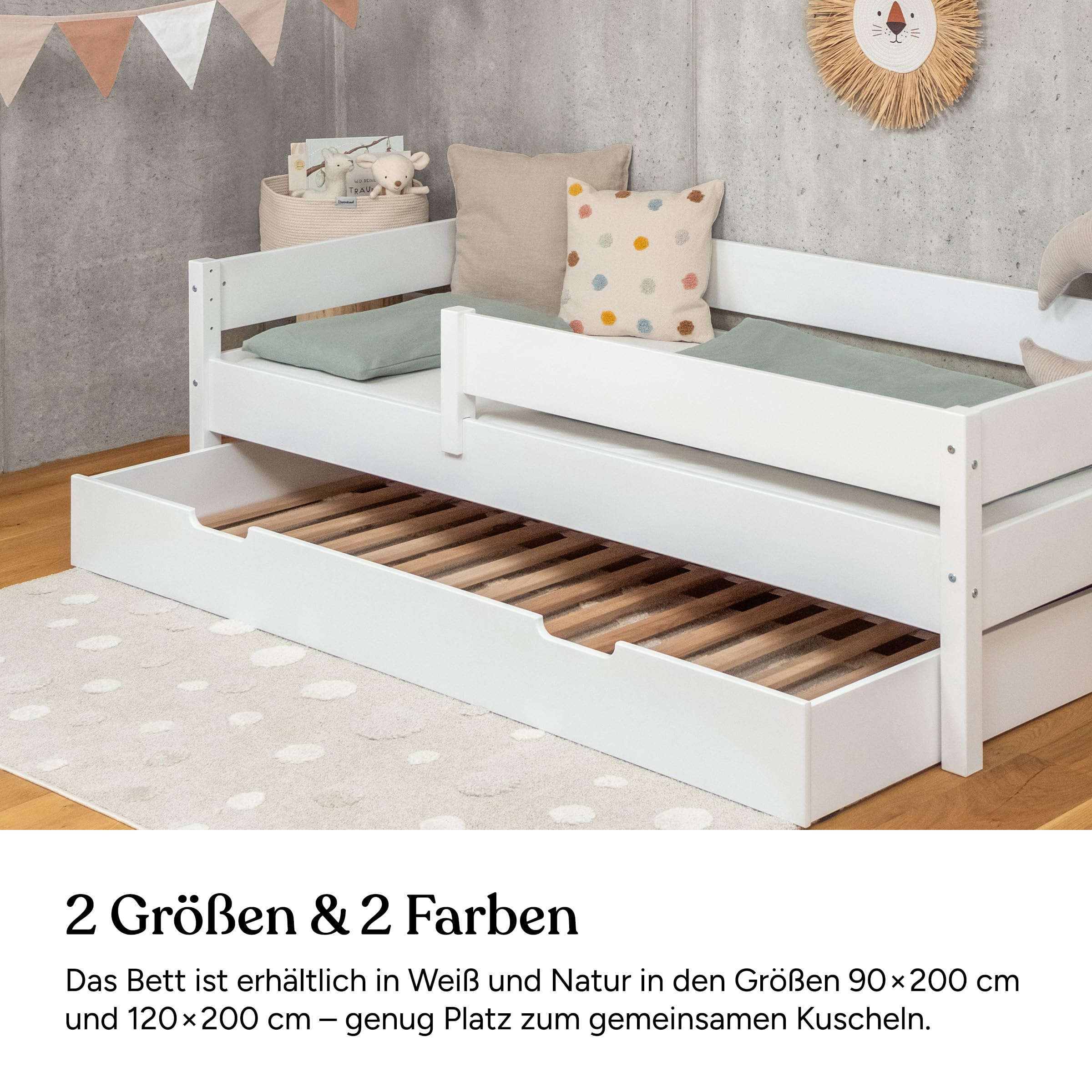 Ehrenkind® Kinderbett Buche Nova | FSC® Zertifiziert | Kinderbett mit Rausfallschutz | Massivholz inkl. Lattenrost | 120x200cm weiß mit Bettkasten | Bett 120x200 | Kinder Bett
