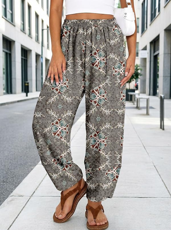 Angerella Floral Wide Leg Pants Woman Spring Summer 2026 Smocked Elastic Waist Harem Pant Resort Wear Beach Vacation Outfits Gray XL by Angerella - Used condition - Image 2