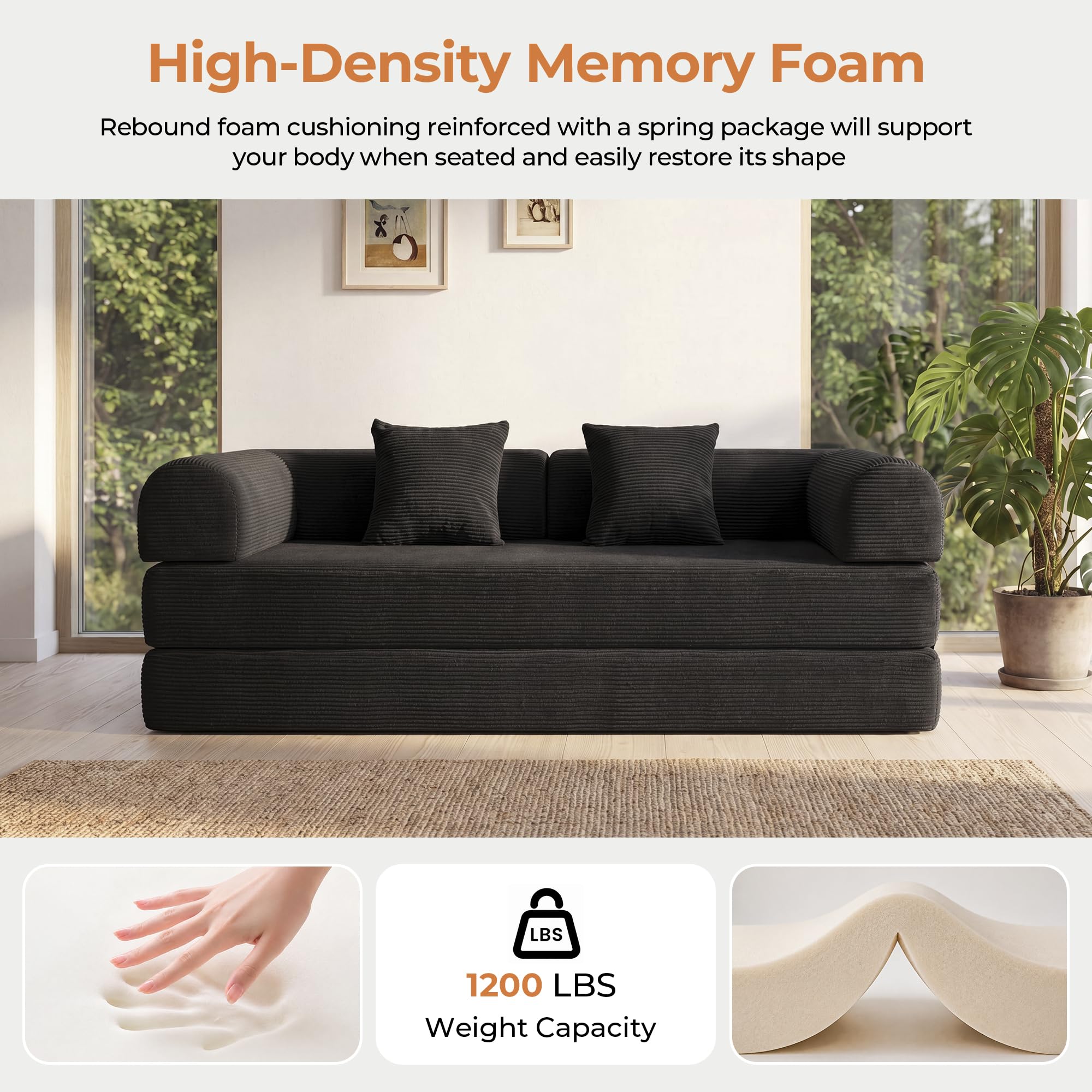 79" Convertible Futon Sofa Bed, Boneless Couch for Living Room | Corduroy Boneless Loveseat Sleeper Sofa, Modular Futon Couch with Fixed-Shape Frame, Pull Out Couch No Assembly | Black